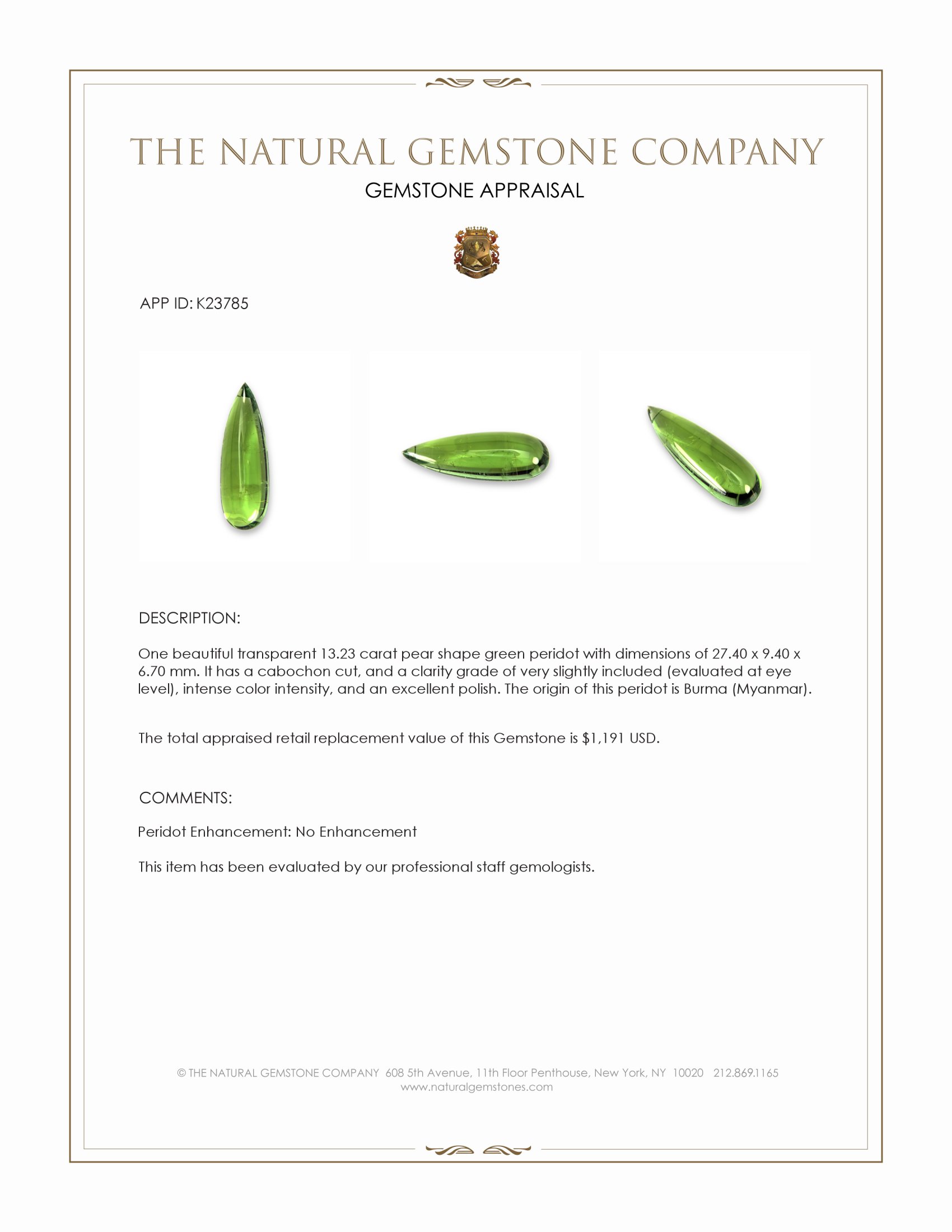13.23 Ct. Green Cabochon Peridot from Burma (Myanmar)