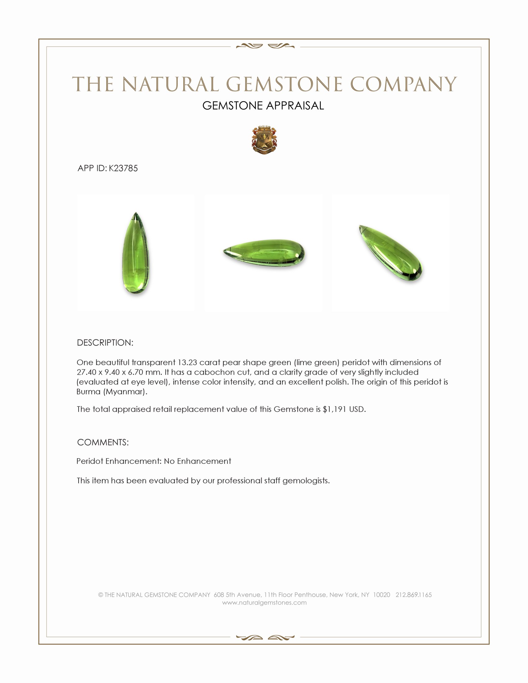 13.23 Ct. Green (Lime Green) Cabochon Peridot from Burma (Myanmar)