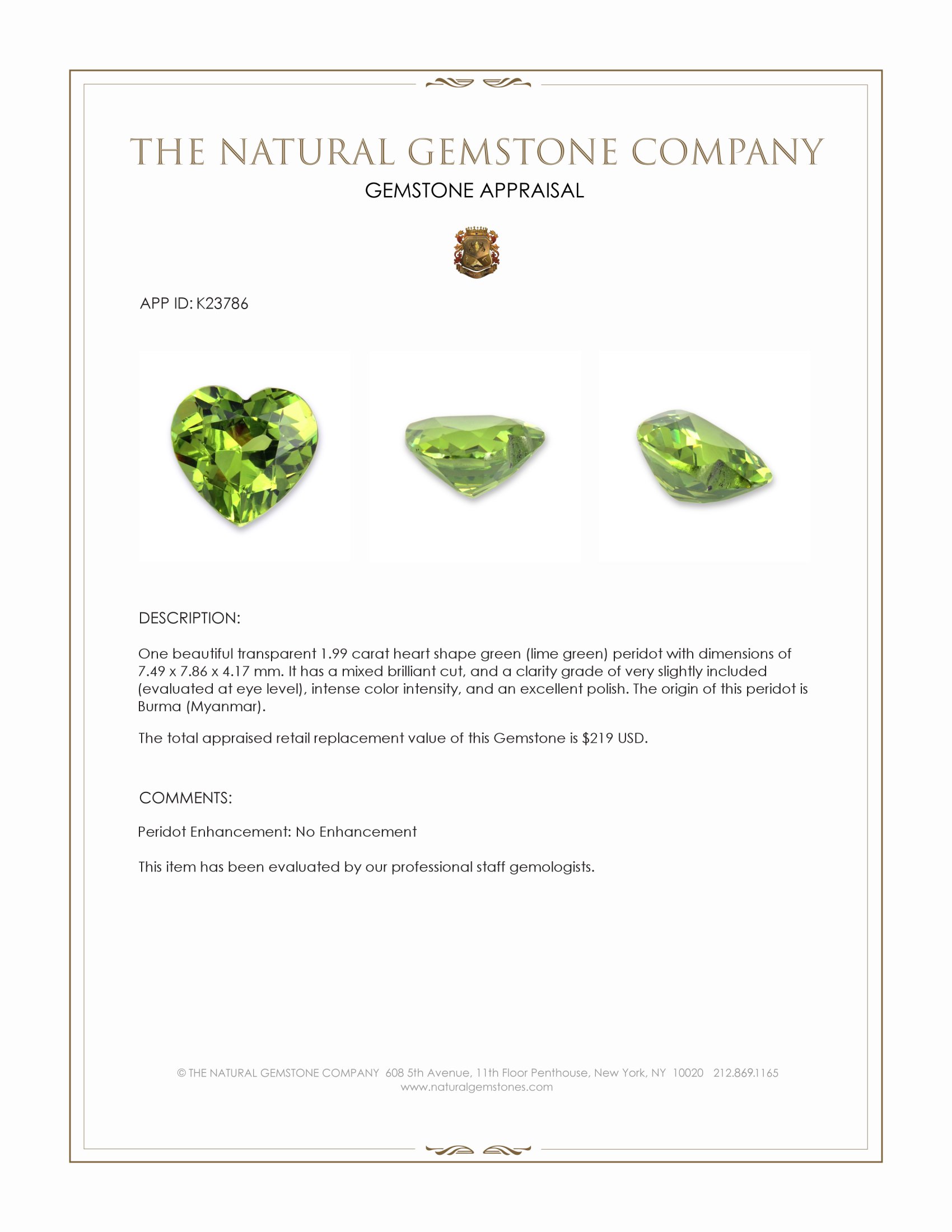 1.99 Ct. Green (Lime Green) Peridot from Burma (Myanmar)