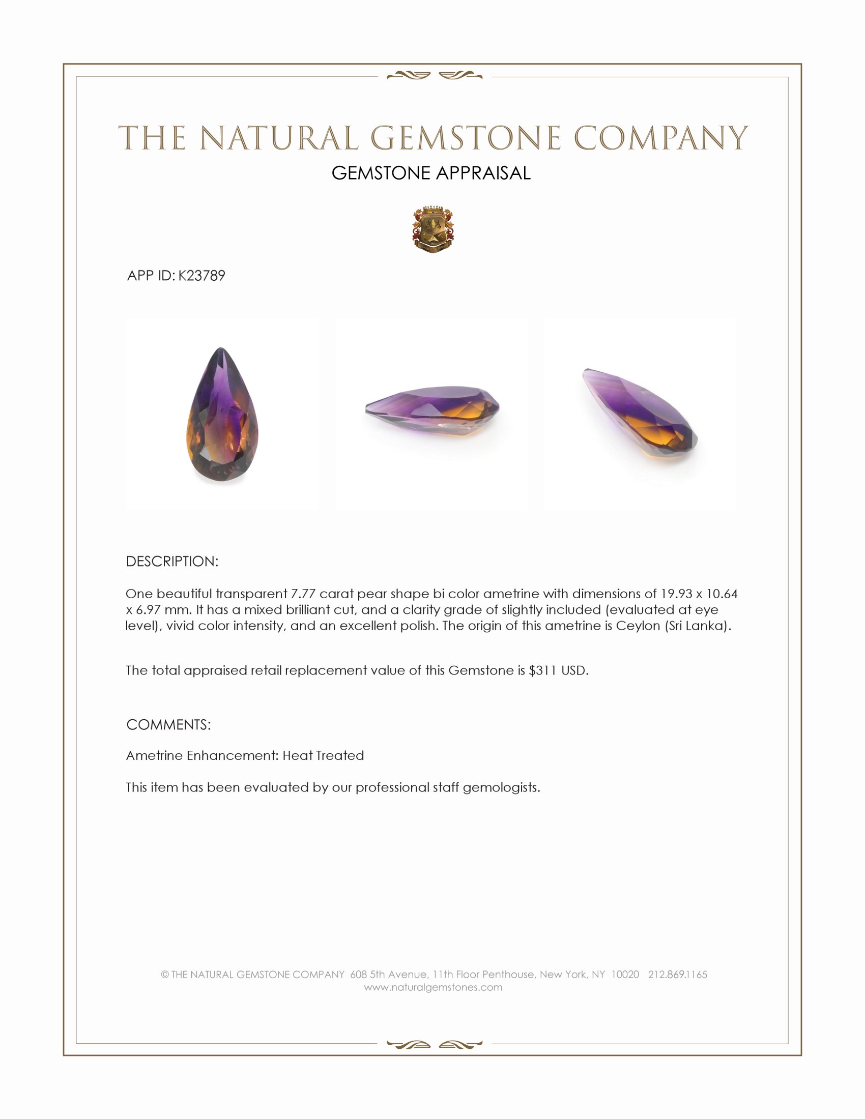 7.77 Ct. Bi Color Ametrine from Ceylon (Sri Lanka)