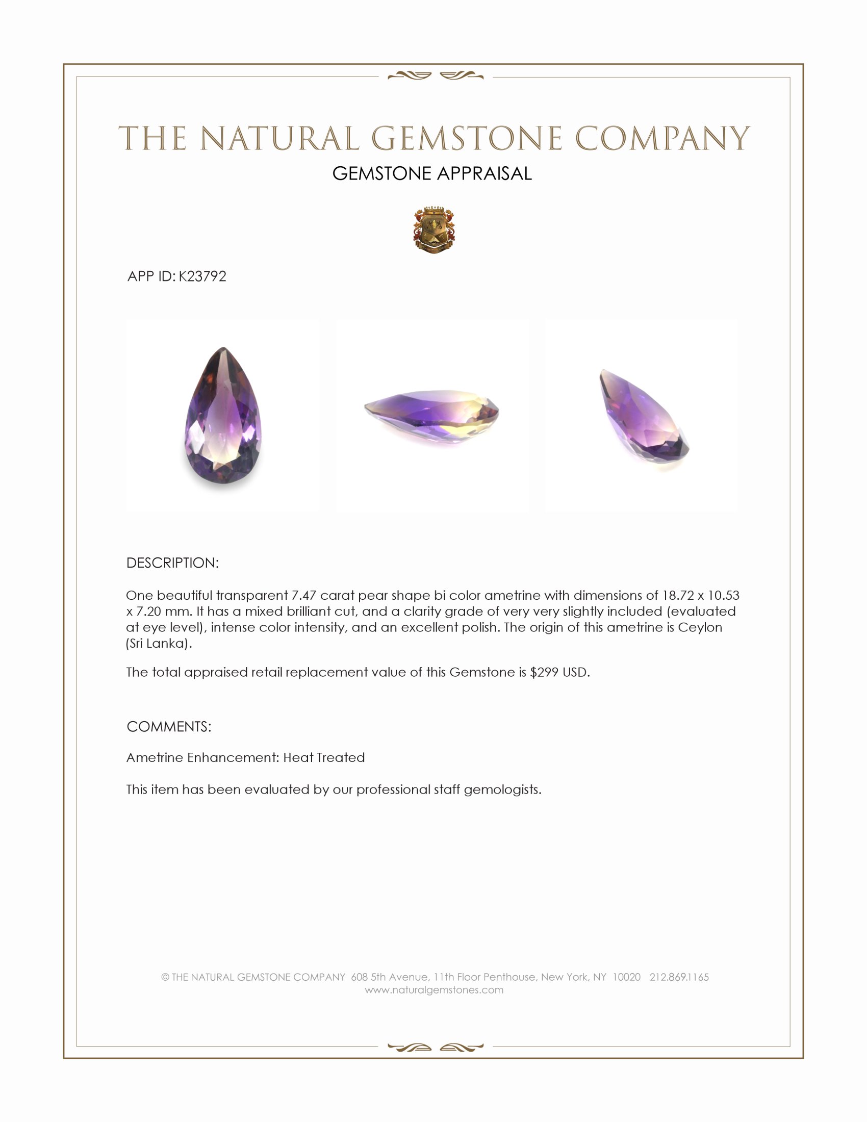 7.47 Ct. Bi Color Ametrine from Ceylon (Sri Lanka)