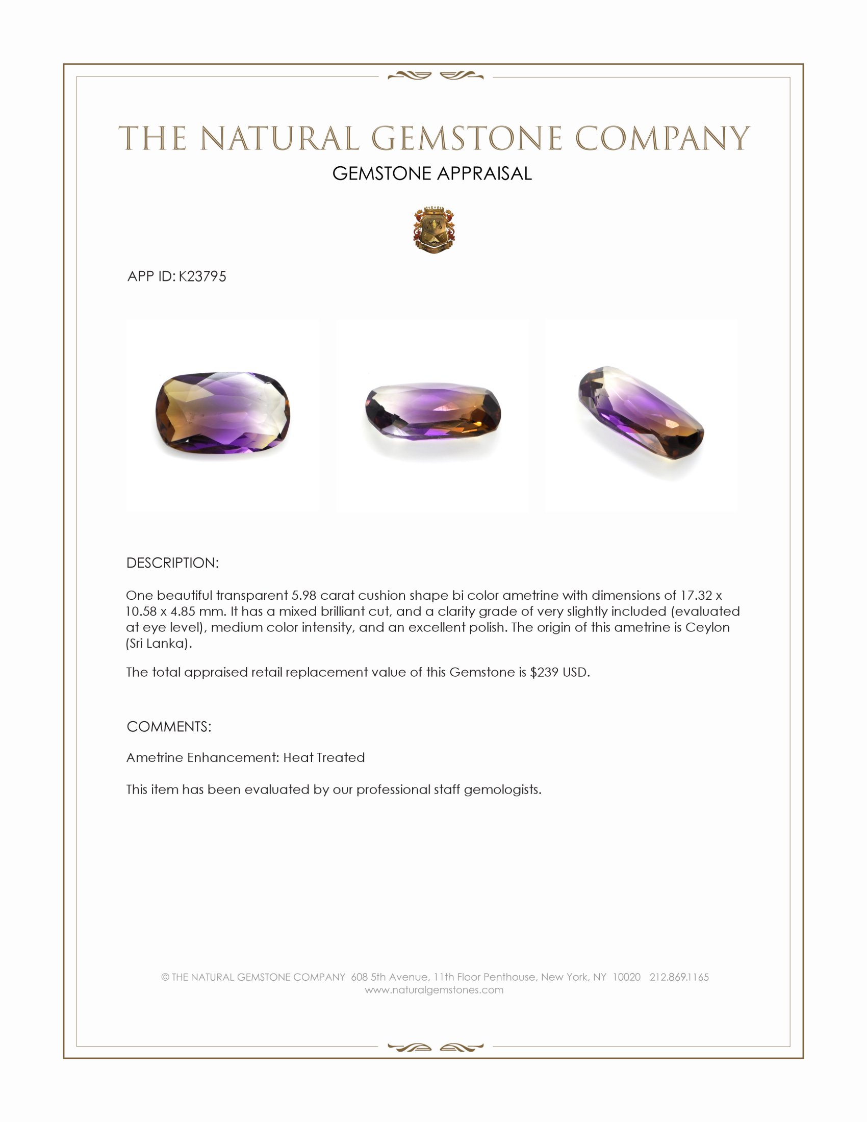 5.98 Ct. Bi Color Ametrine from Ceylon (Sri Lanka)