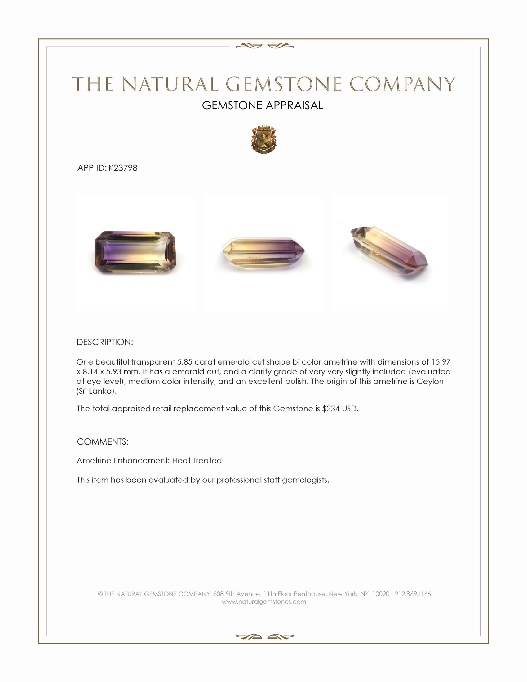5.85 Ct. Bi Color Ametrine from Ceylon (Sri Lanka)