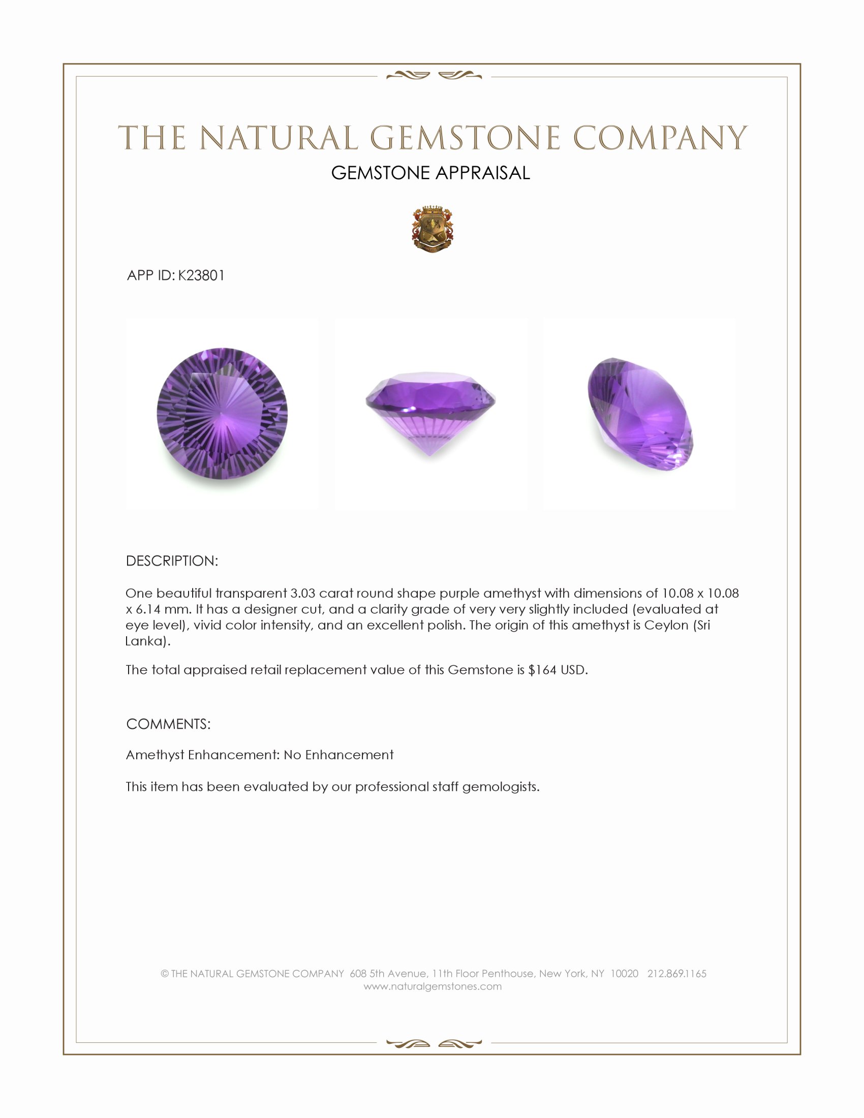 3.03 Ct. Purple Amethyst from Ceylon (Sri Lanka)