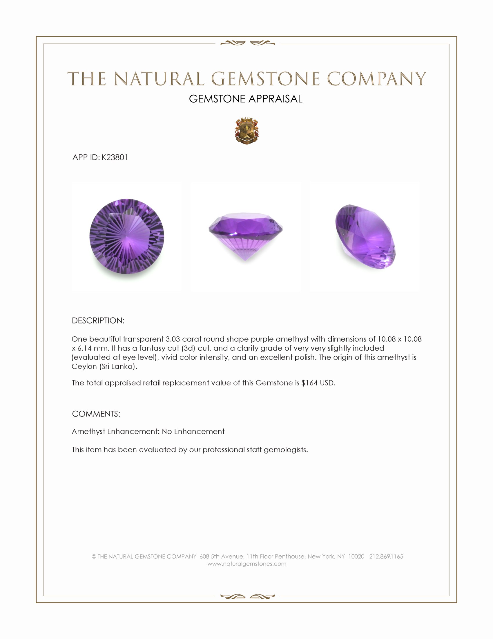 3.03 Ct. Purple Amethyst from Ceylon (Sri Lanka)