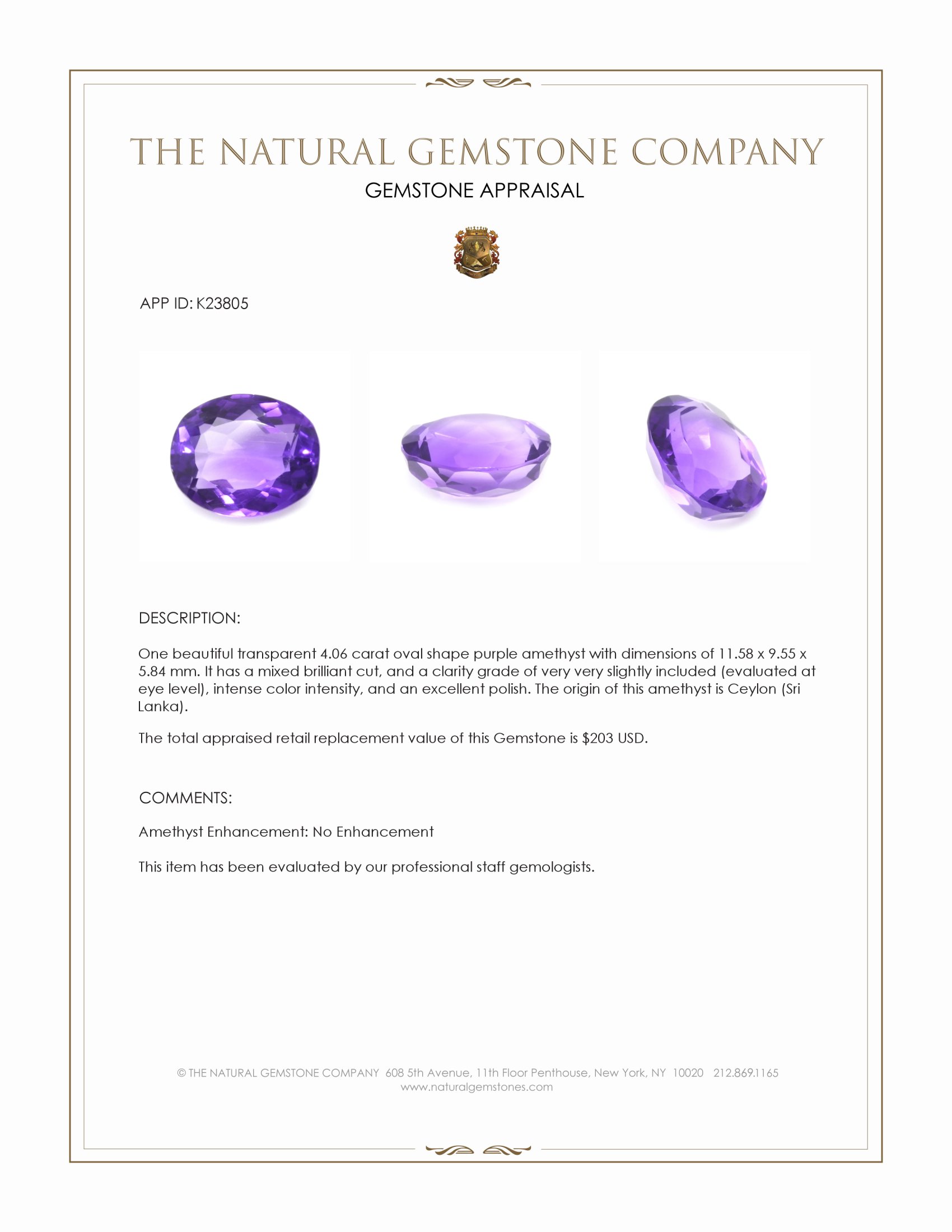 4.06 Ct. Purple Amethyst from Ceylon (Sri Lanka)