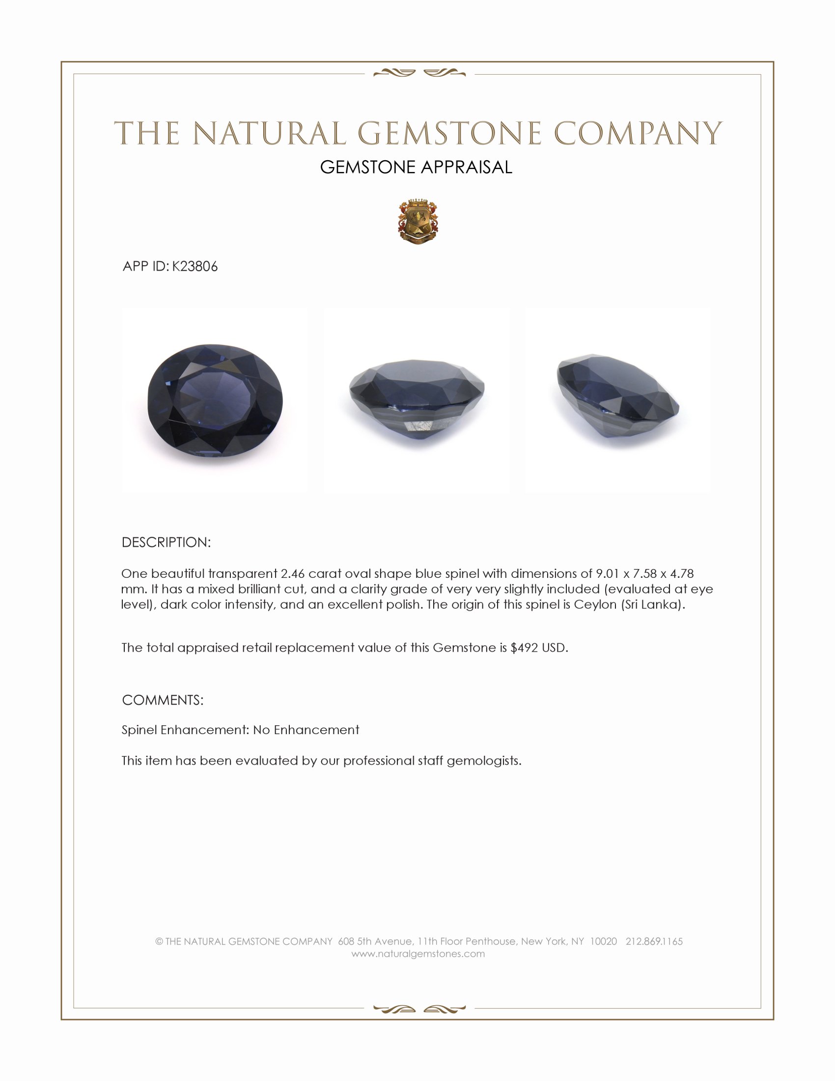 2.46 Ct. Blue Spinel from Ceylon (Sri Lanka)