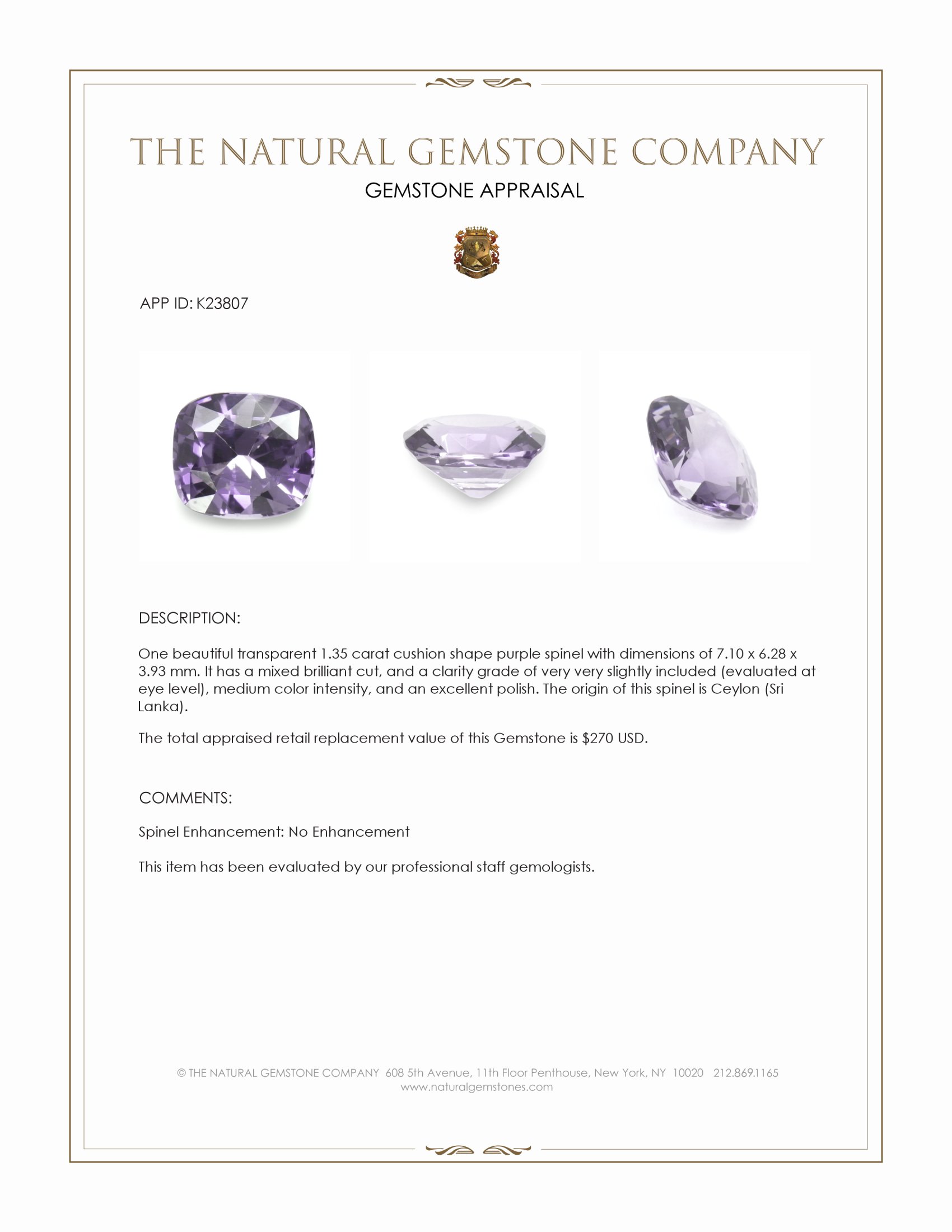 1.35 Ct. Purple Spinel from Ceylon (Sri Lanka)