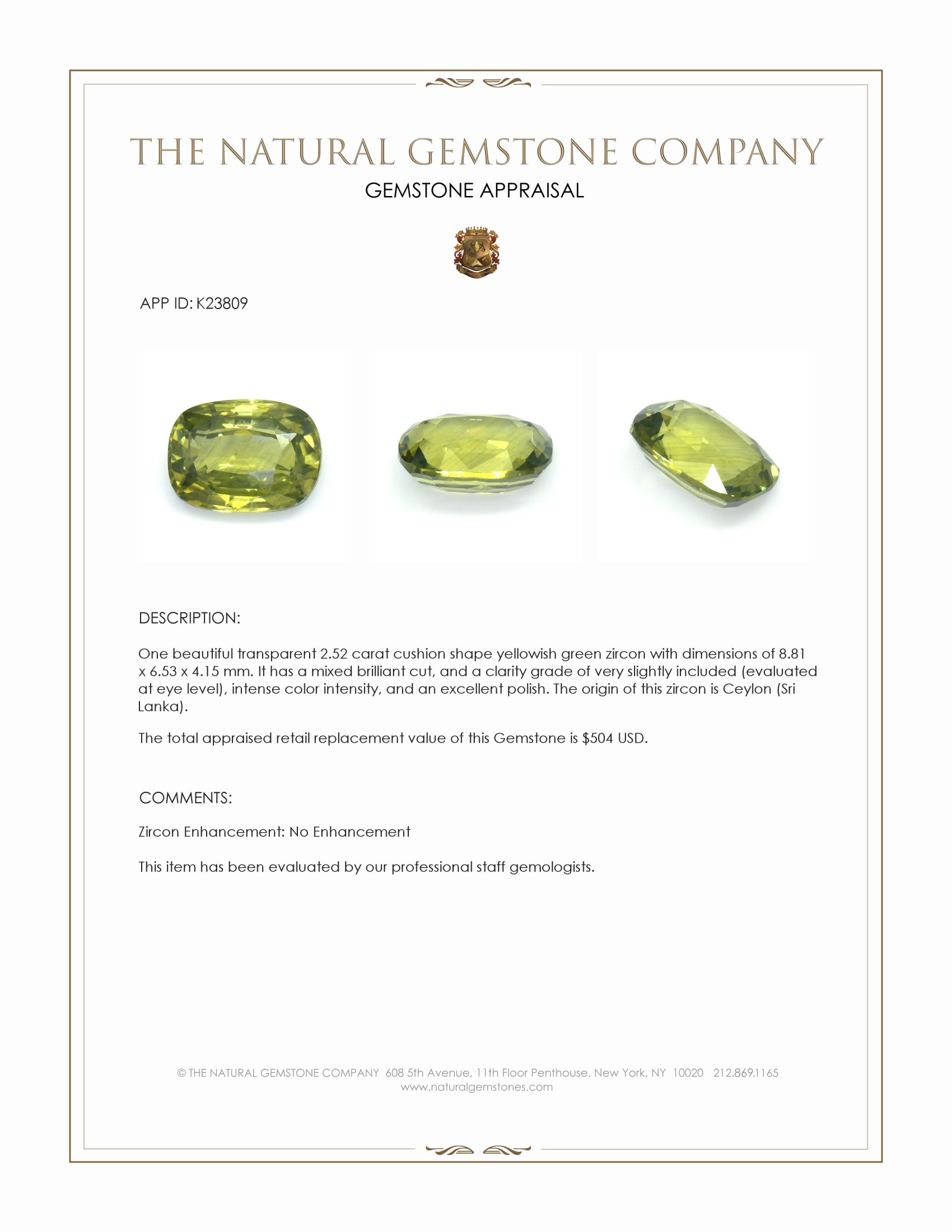 2.52 Ct. Yellowish Green Zircon from Ceylon (Sri Lanka)