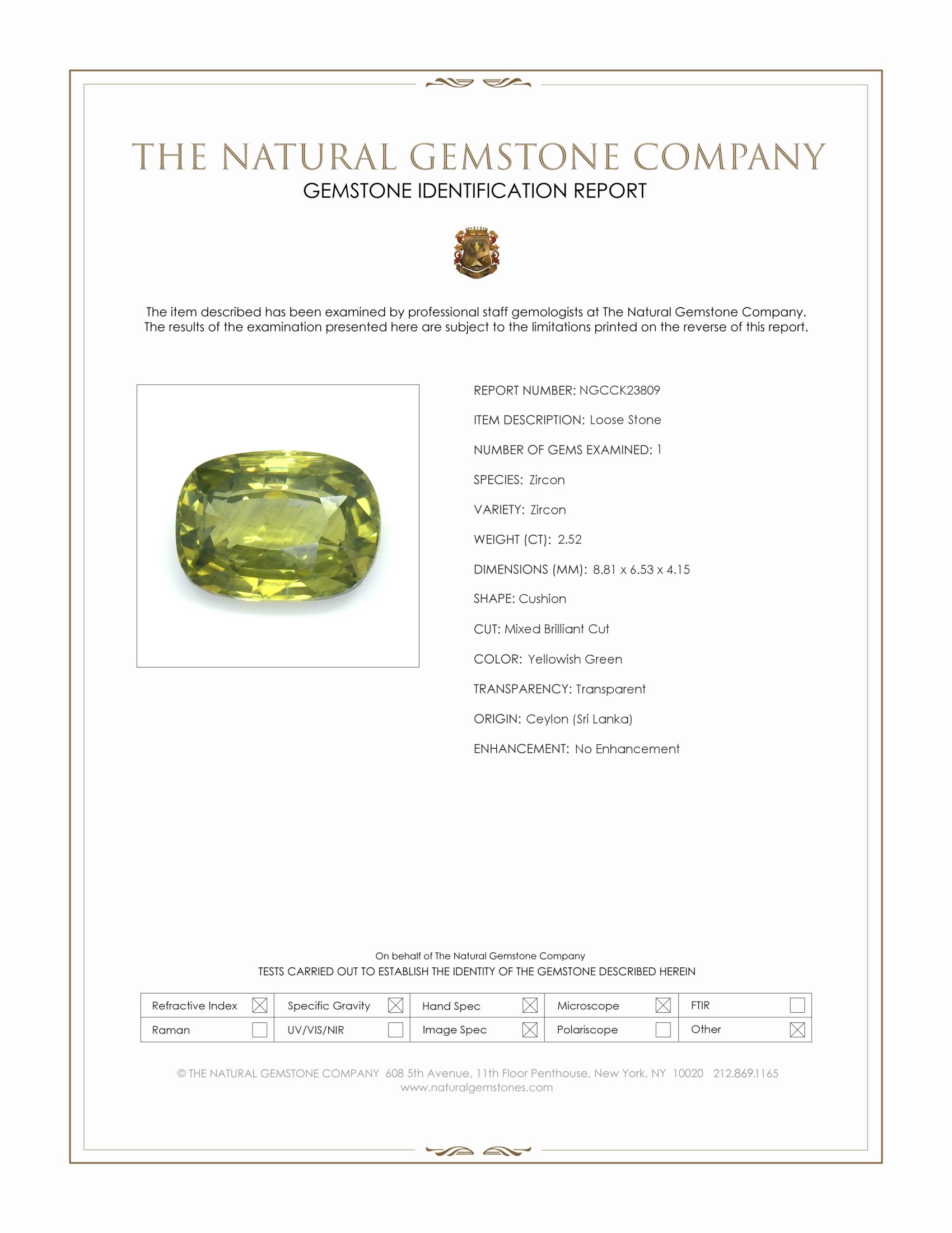 2.52 Ct. Yellowish Green Zircon from Ceylon (Sri Lanka)