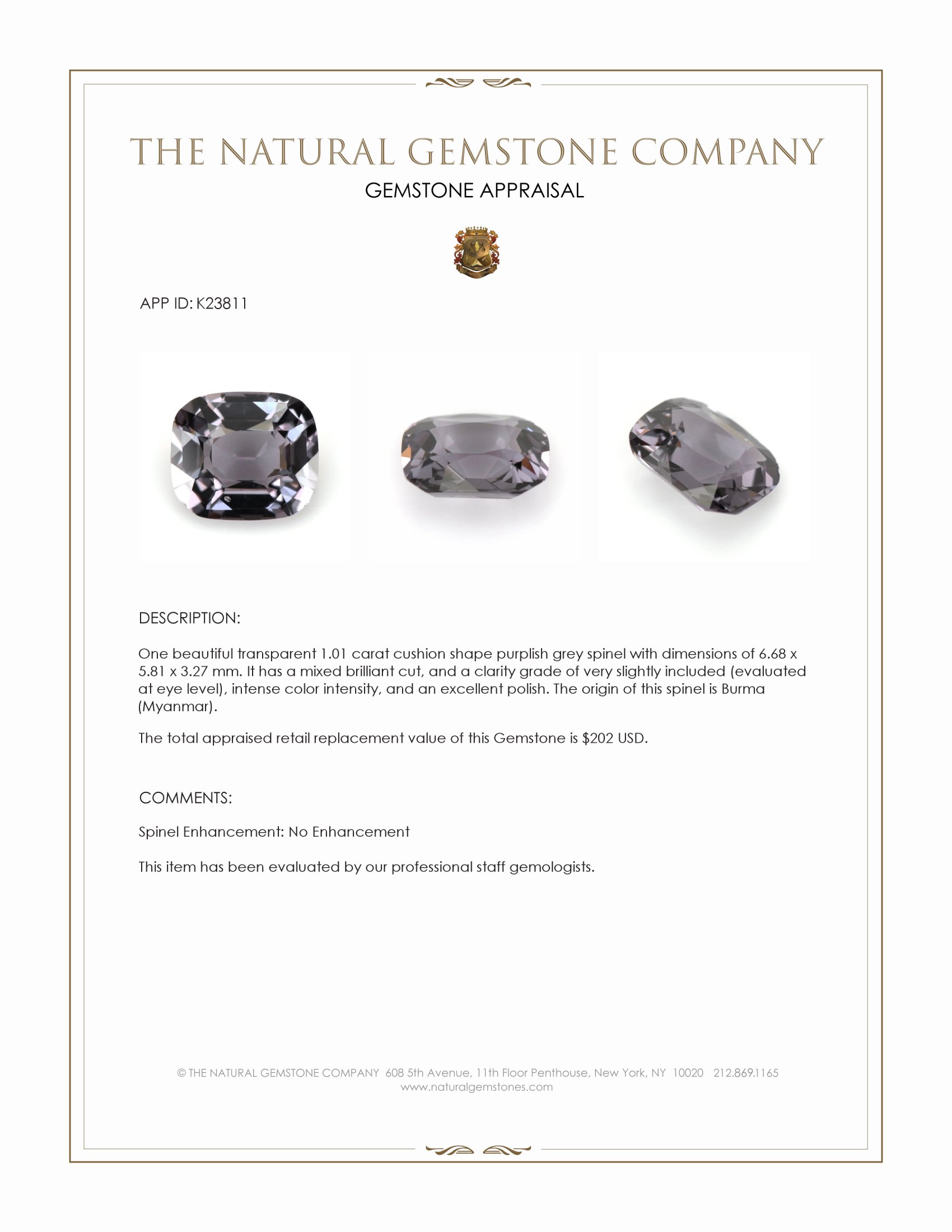 1.01 Ct. Purplish Grey Spinel from Burma (Myanmar)
