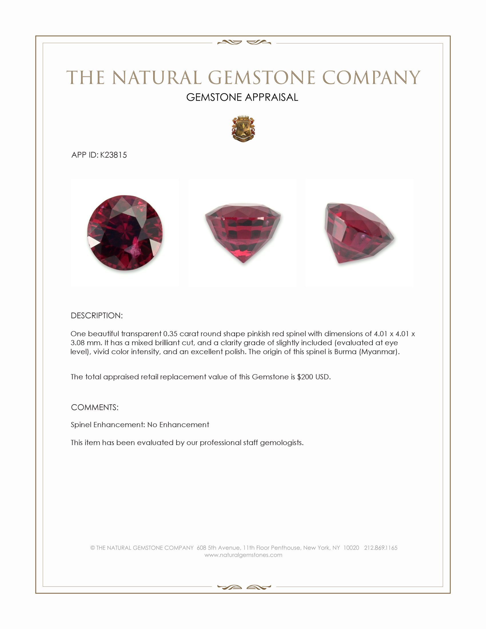 0.35 Ct. Pinkish Red Spinel from Burma (Myanmar)