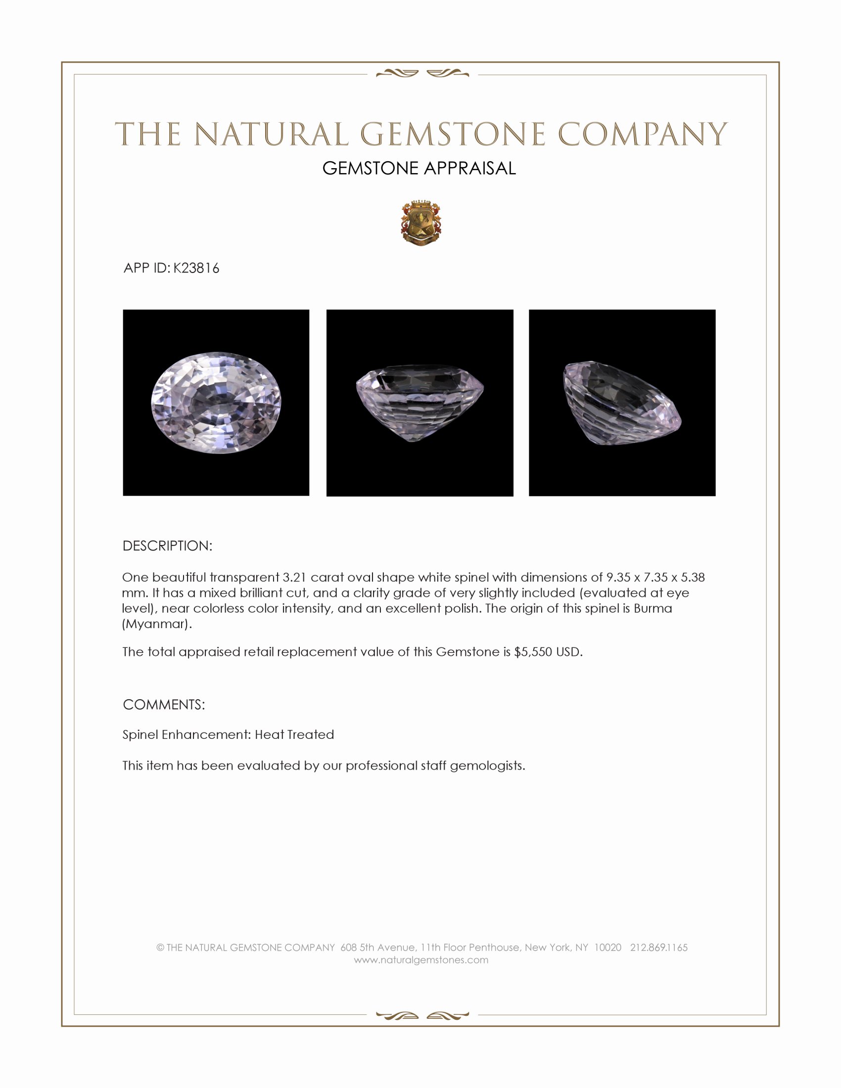 3.21 Ct. White Spinel from Burma (Myanmar)