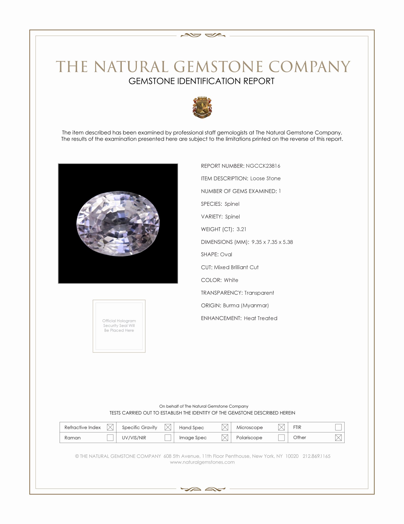 3.21 Ct. White Spinel from Burma (Myanmar)