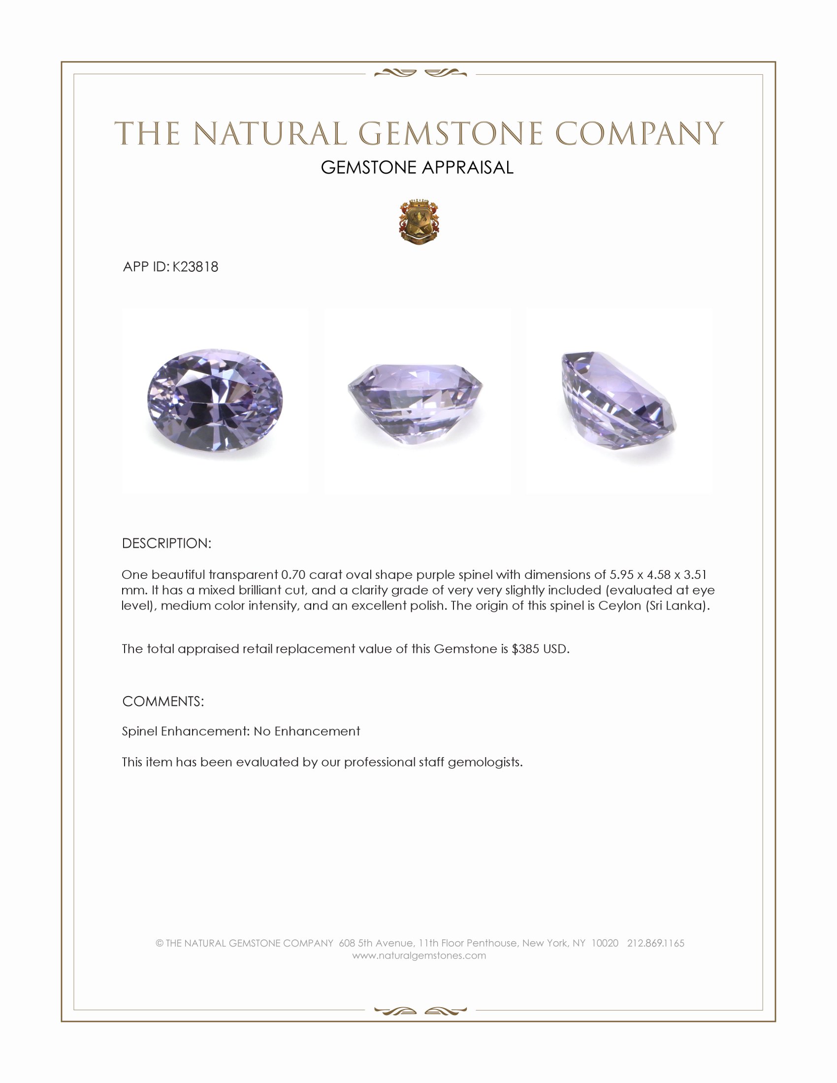 0.70 Ct. Purple Spinel from Ceylon (Sri Lanka)