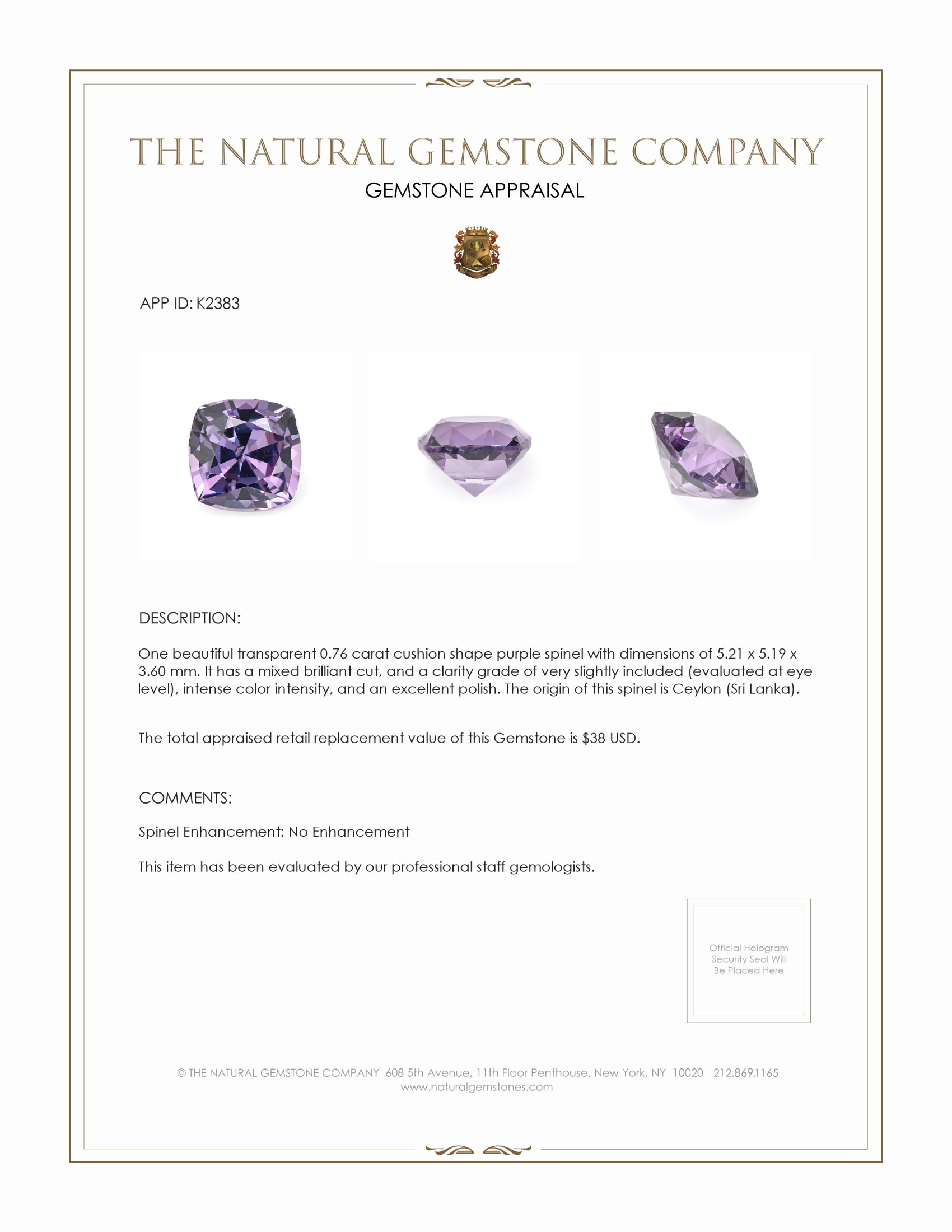 0.76 Ct. Spinel from Ceylon (Sri Lanka)