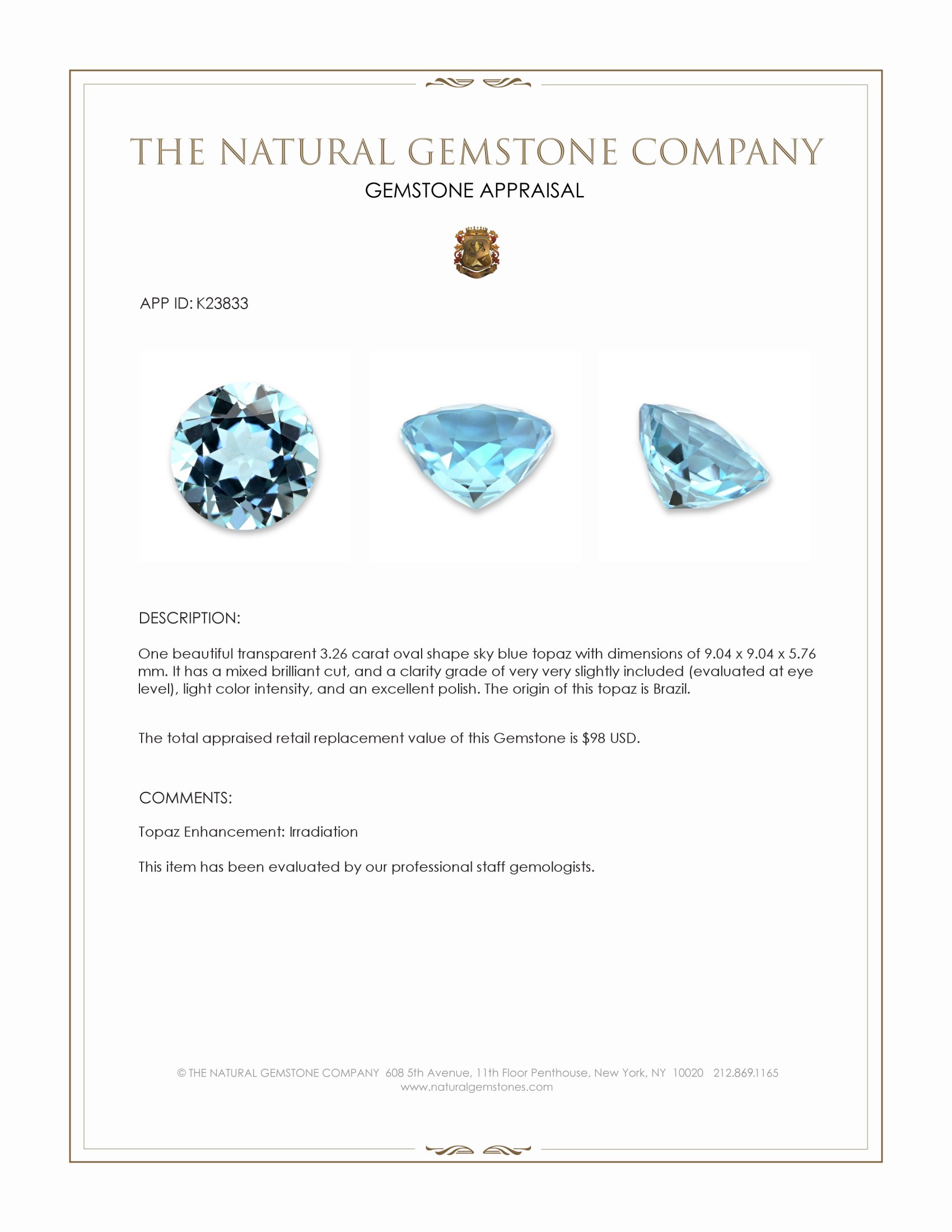 3.26 Ct. Sky Blue Topaz from Brazil