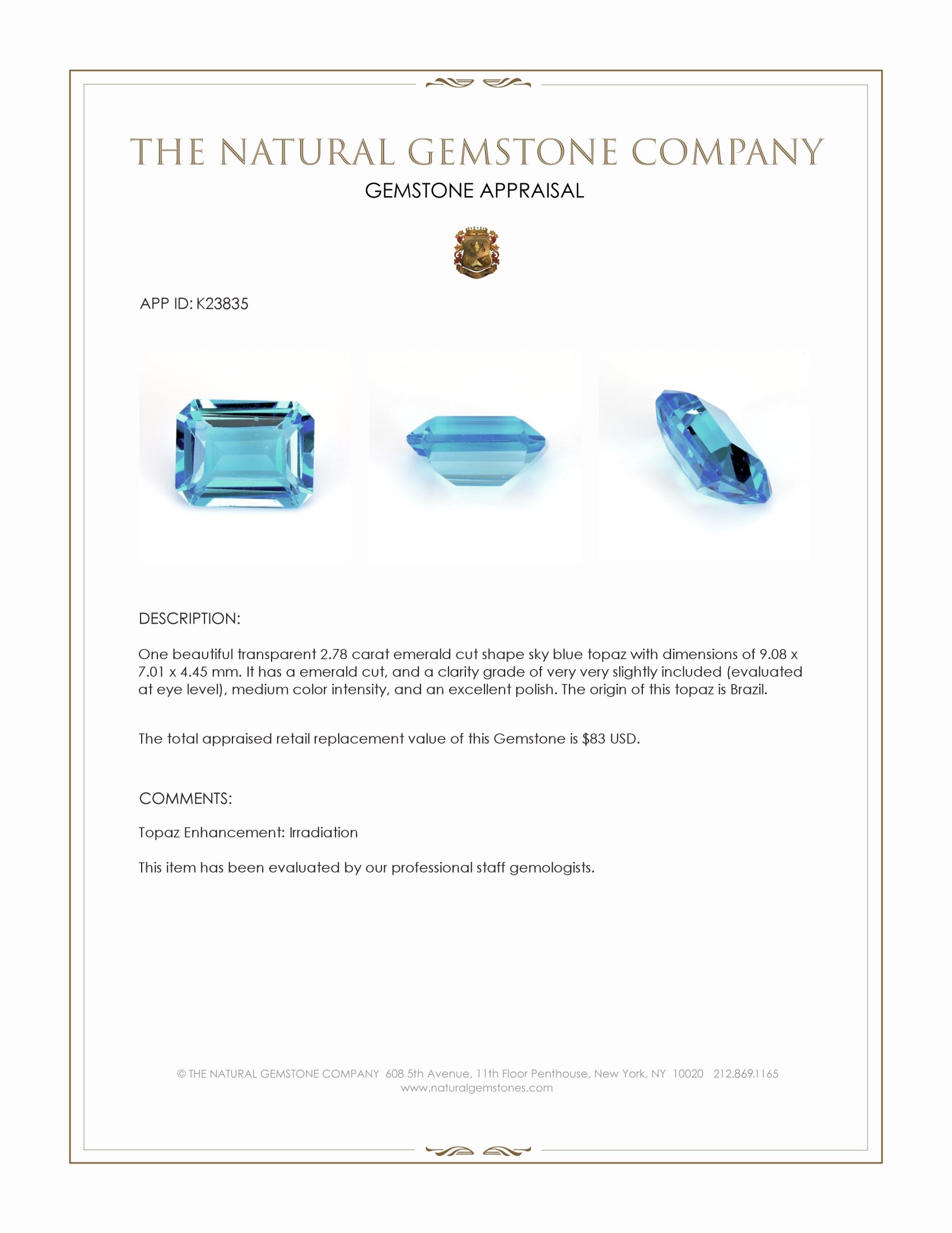 2.78 Ct. Sky Blue Topaz from Brazil