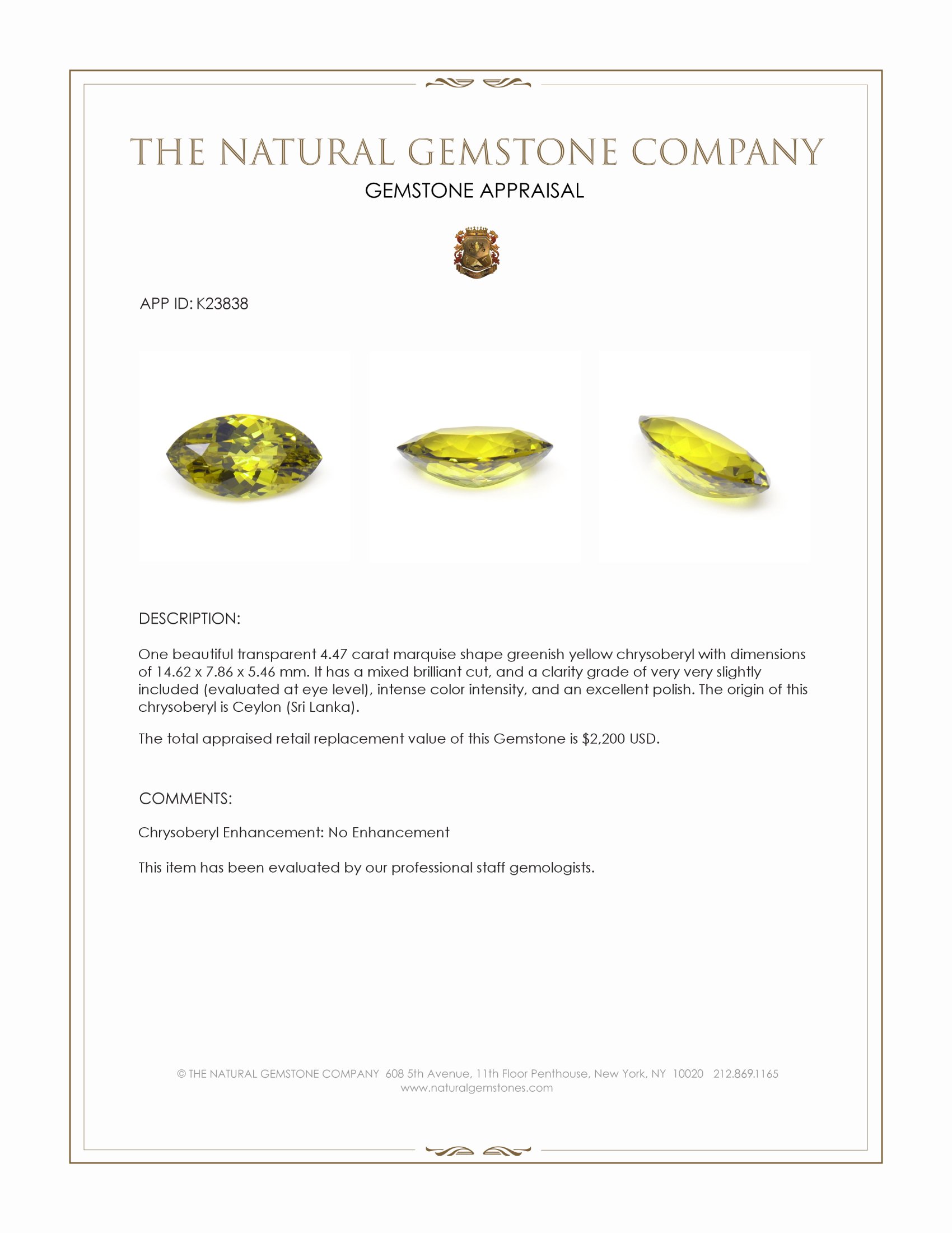 4.47 Ct. Greenish Yellow Chrysoberyl from Ceylon (Sri Lanka)