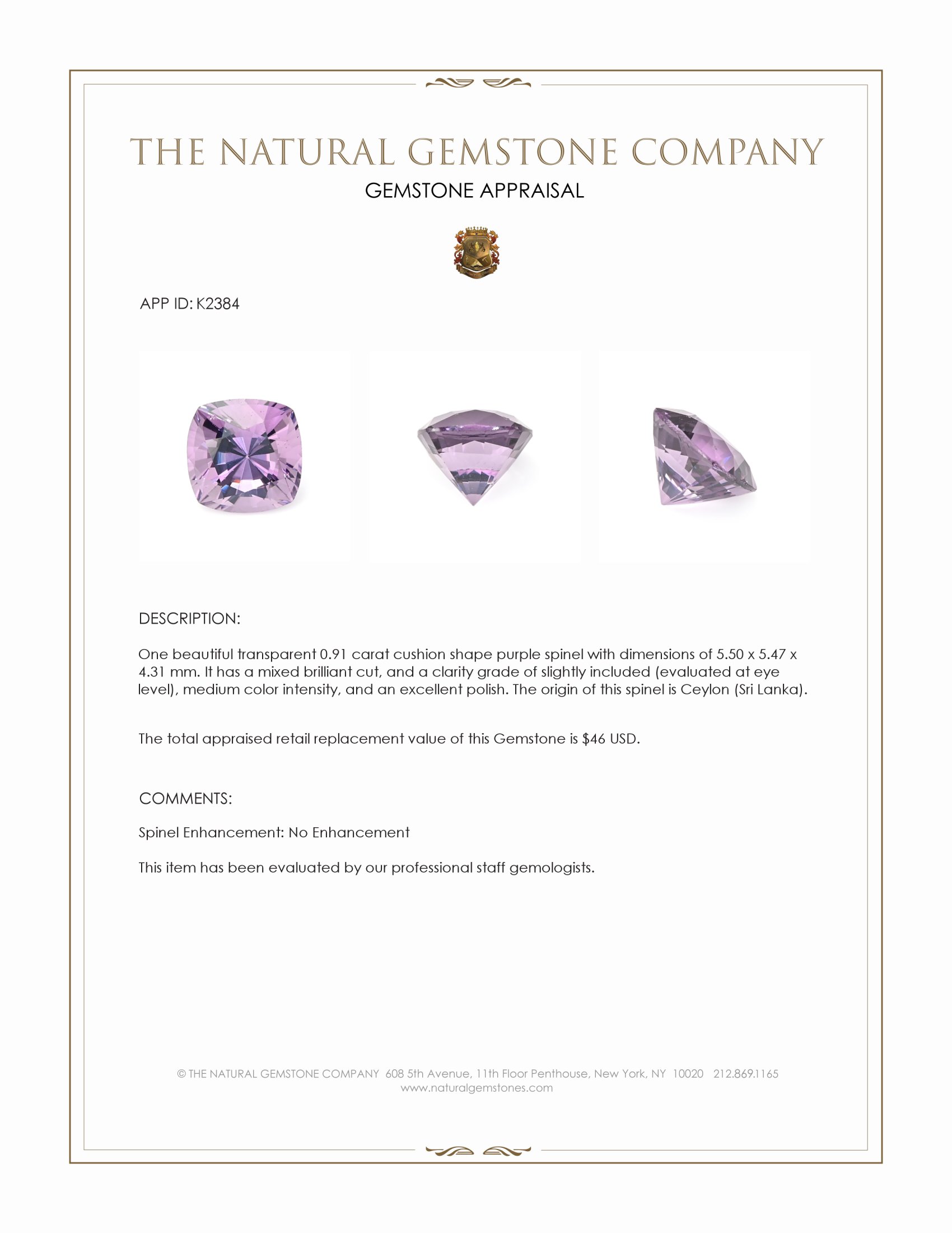 0.91 Ct. Purple Spinel from Ceylon (Sri Lanka)