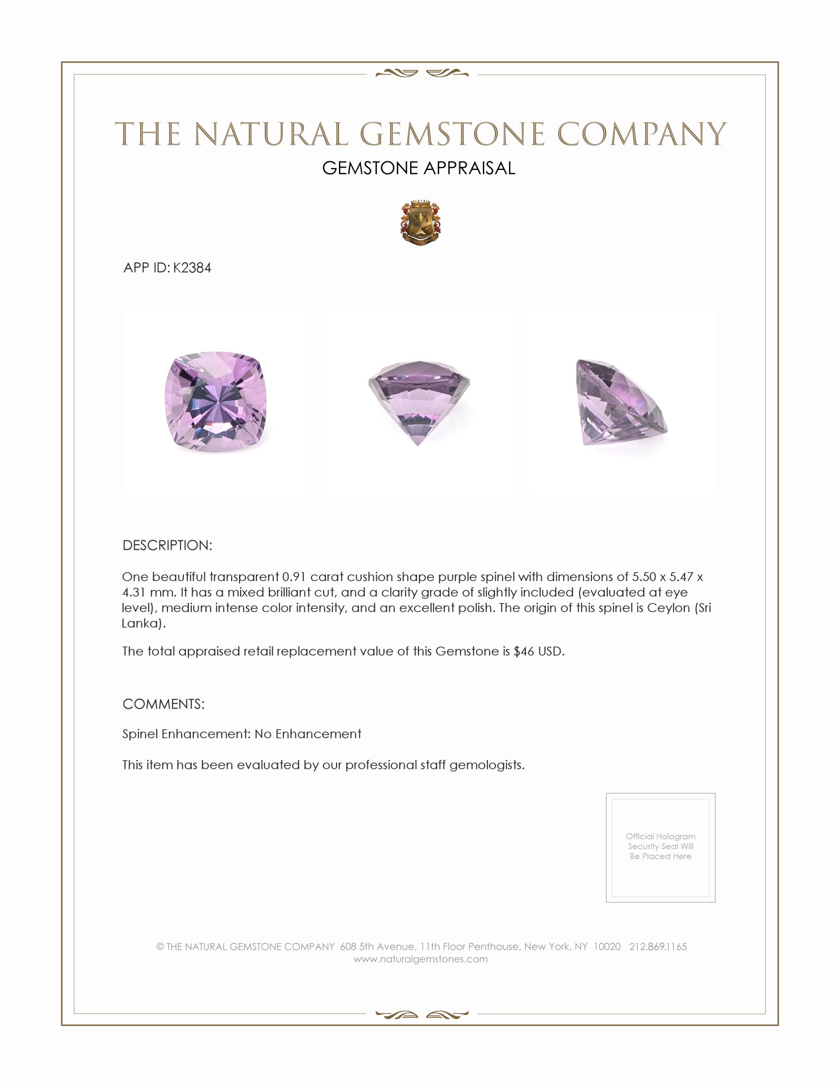 0.91 Ct. Spinel from Ceylon (Sri Lanka)