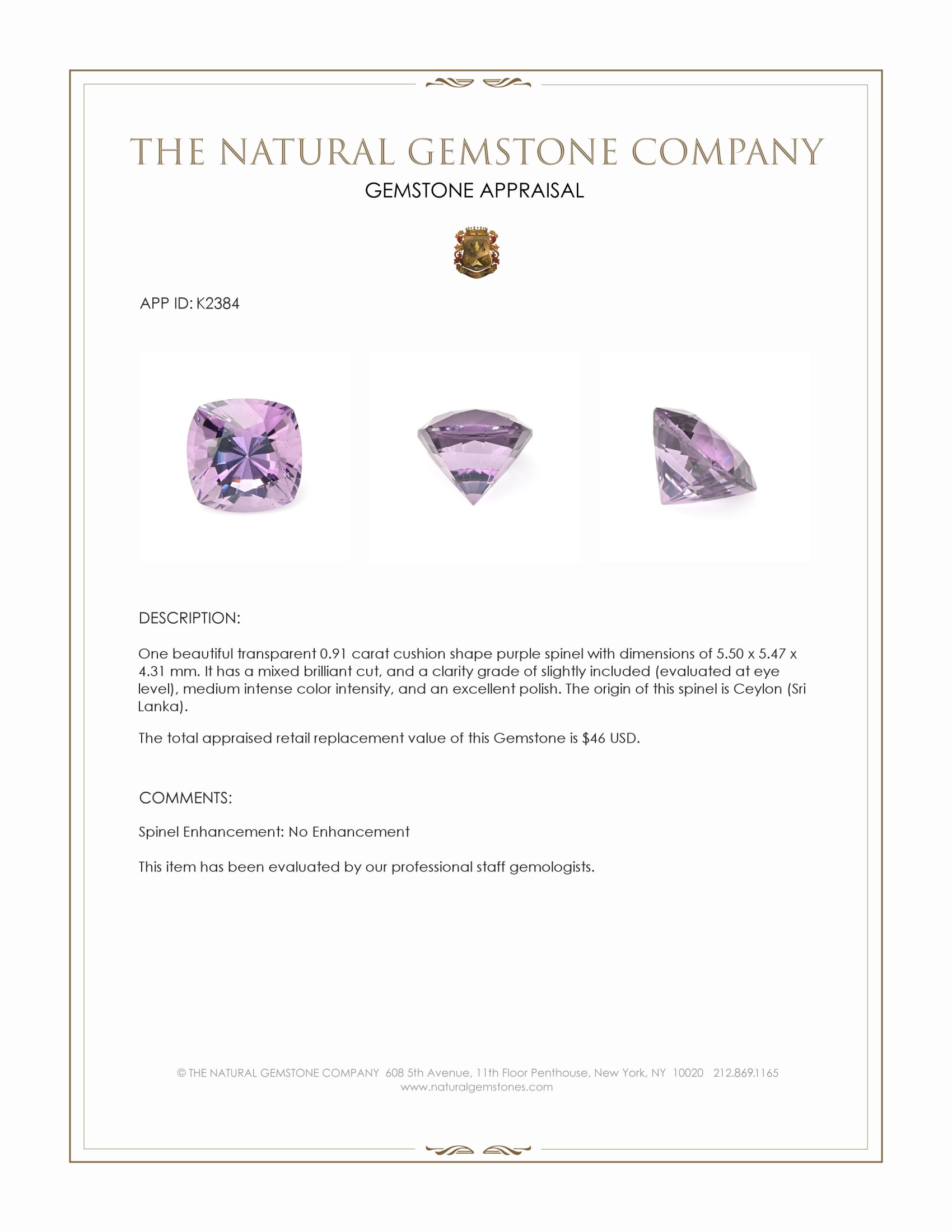 0.91 Ct. Spinel from Ceylon (Sri Lanka)