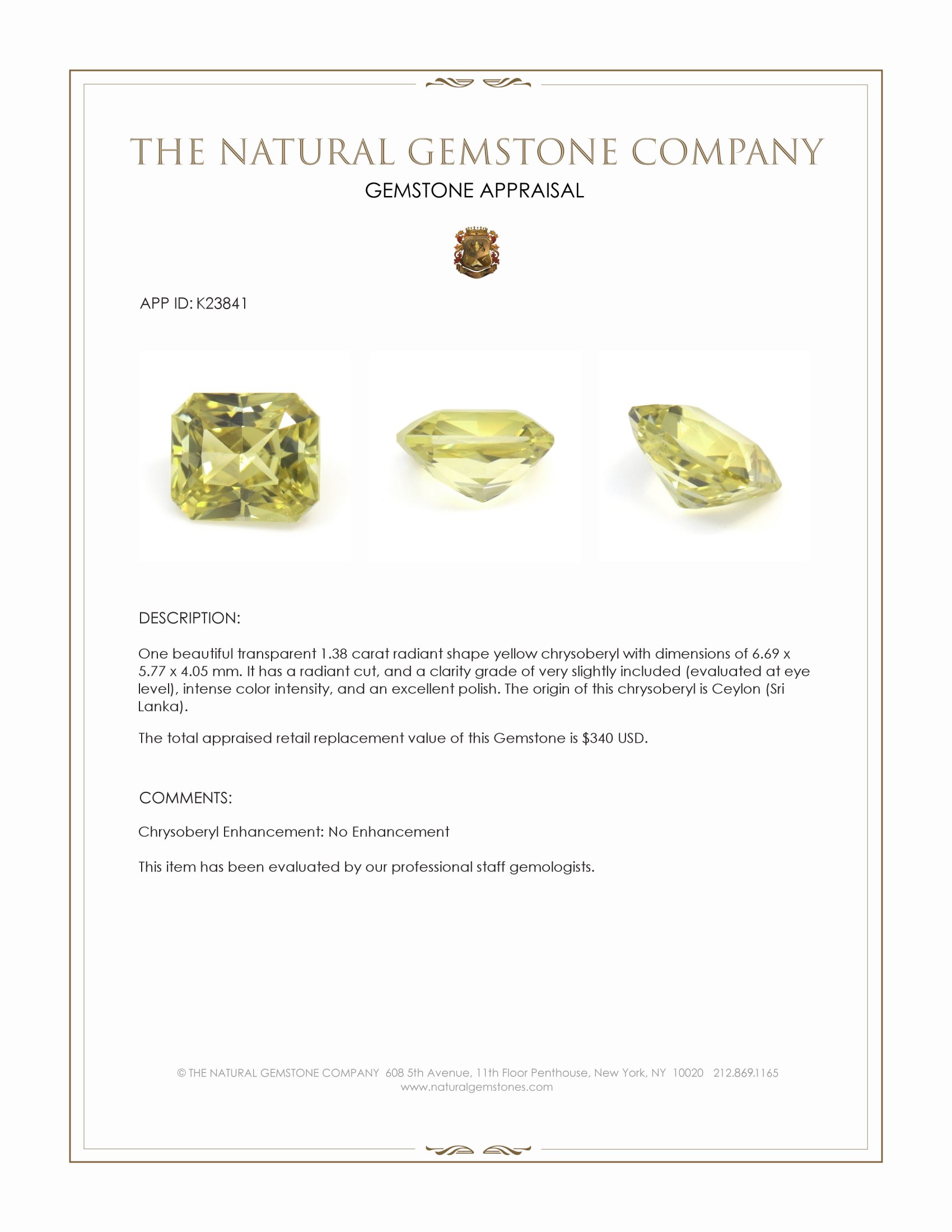 1.38 Ct. Yellow Chrysoberyl from Ceylon (Sri Lanka)