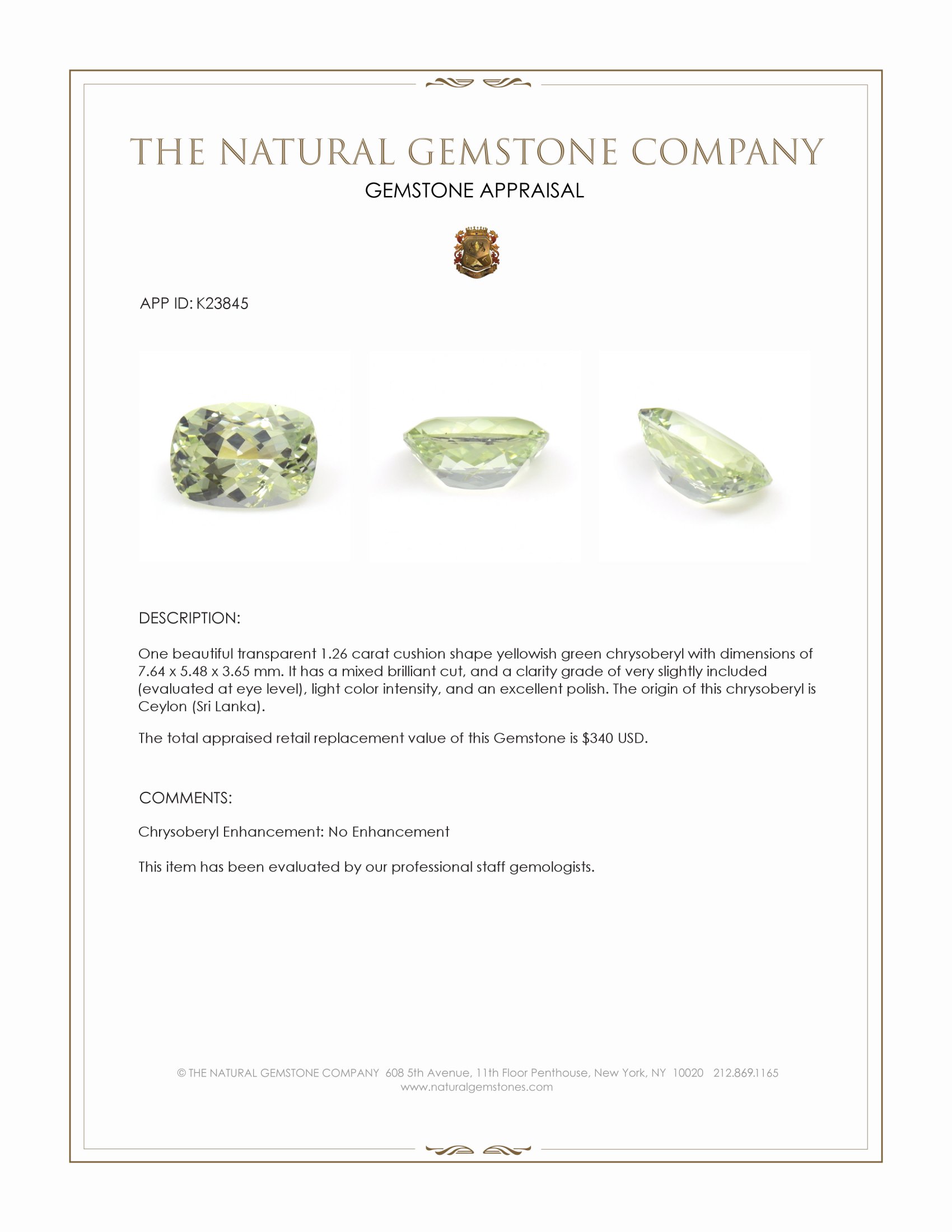 1.26 Ct. Yellowish Green Chrysoberyl from Ceylon (Sri Lanka)