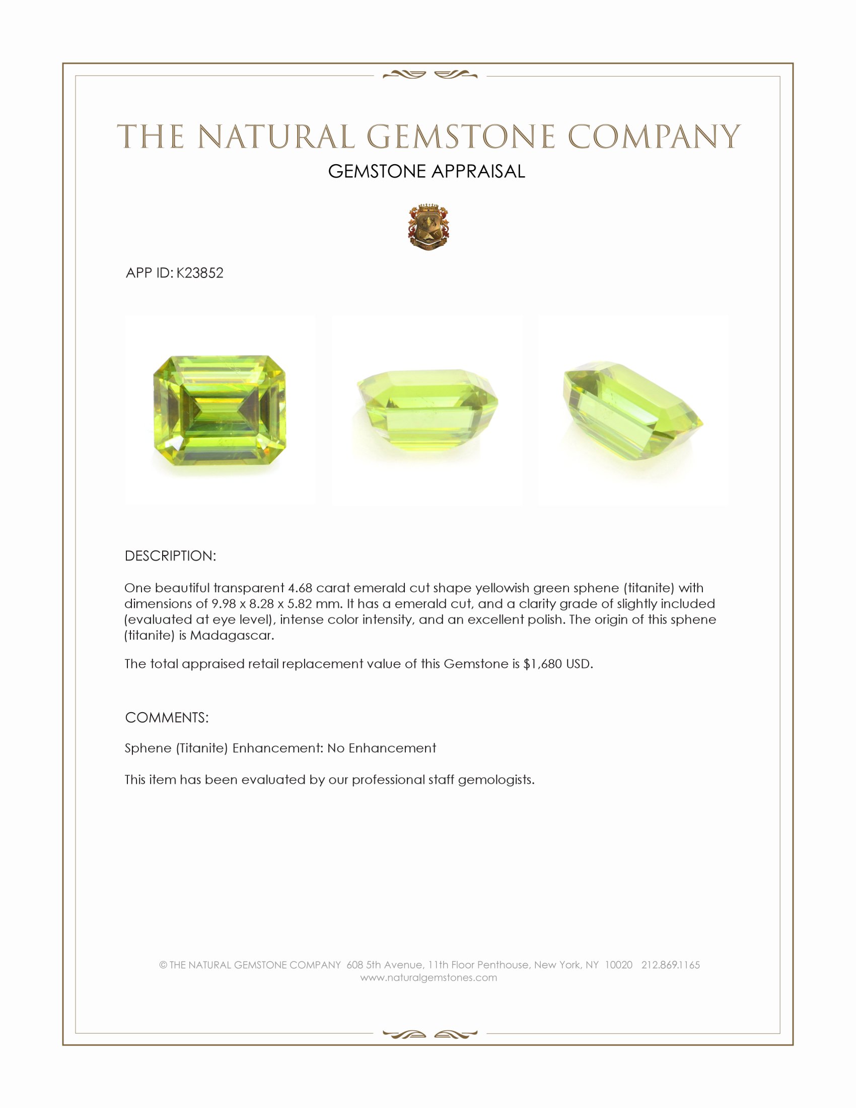 4.68 Ct. Yellowish Green Sphene (Titanite) from Madagascar
