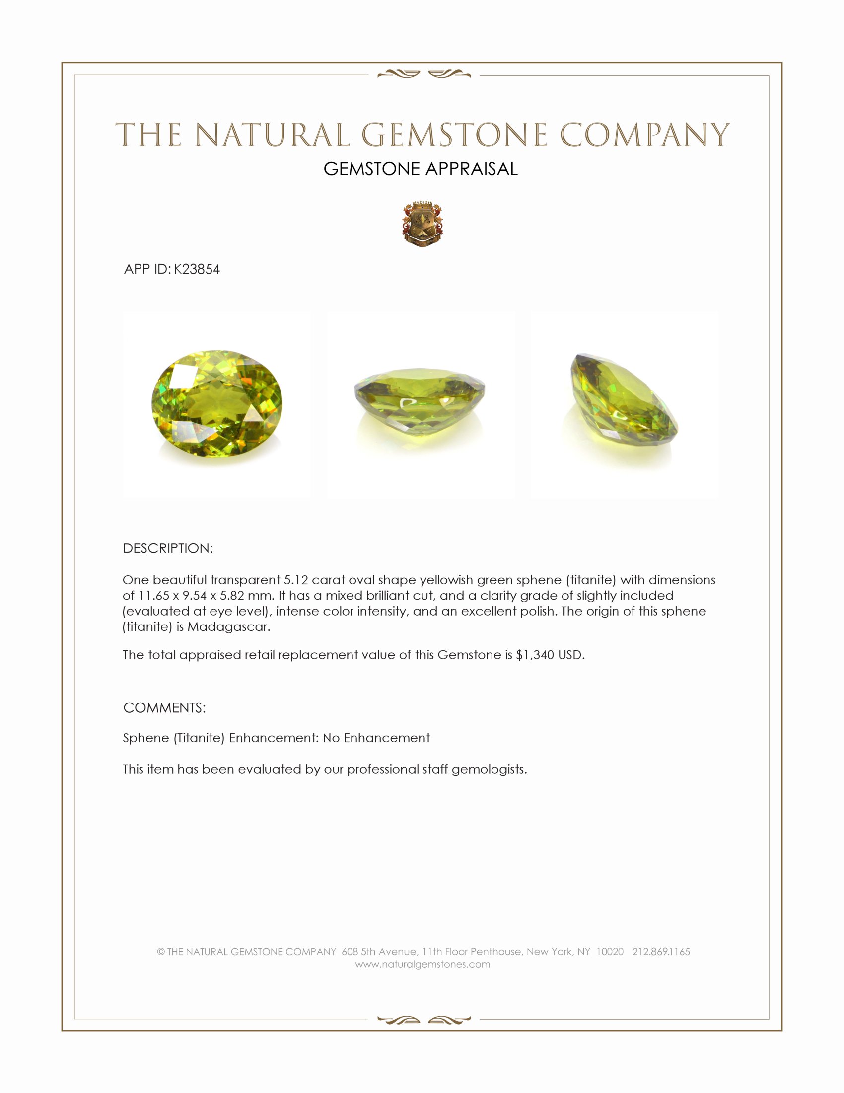 5.12 Ct. Yellowish Green Sphene (Titanite) from Madagascar