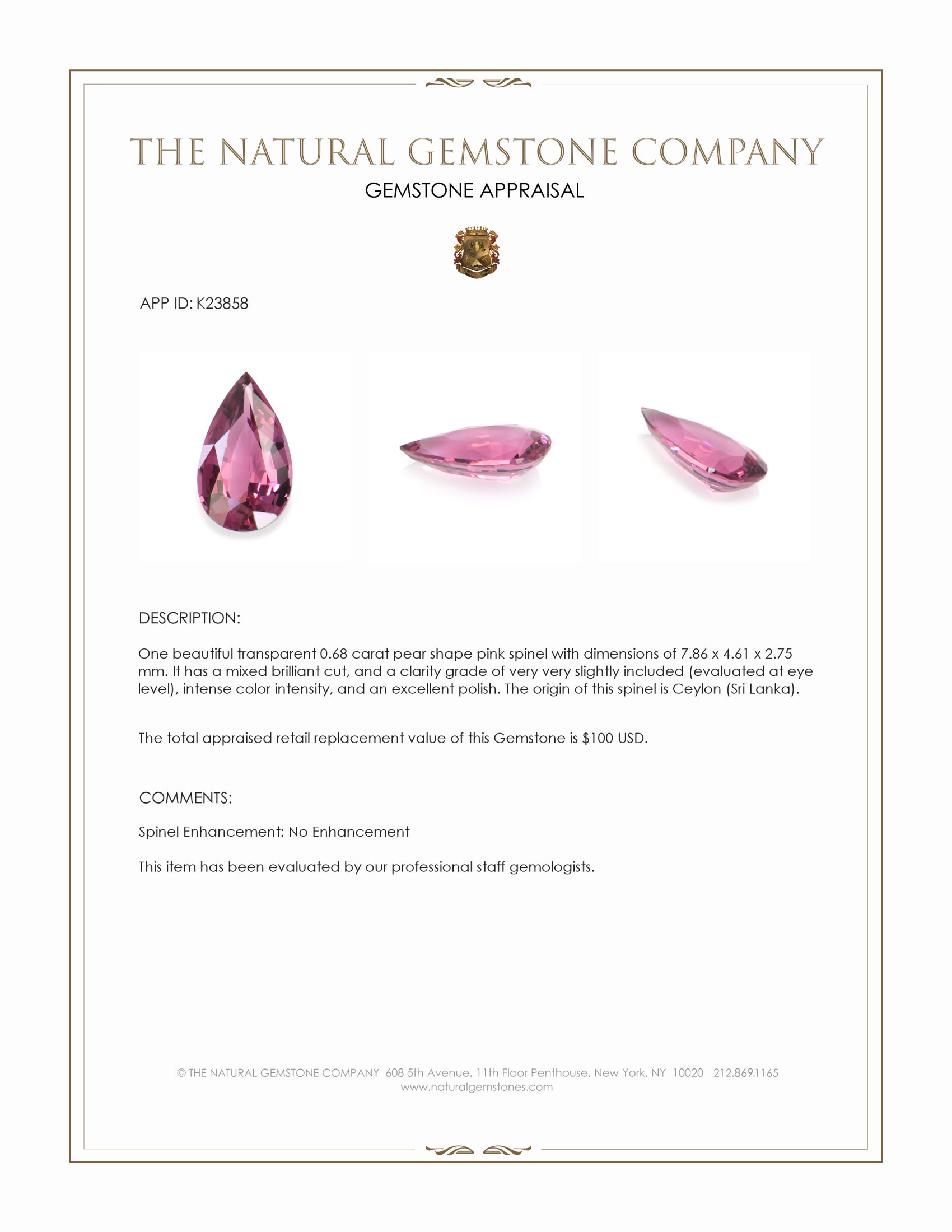 0.68 Ct. Pink Spinel from Ceylon (Sri Lanka)