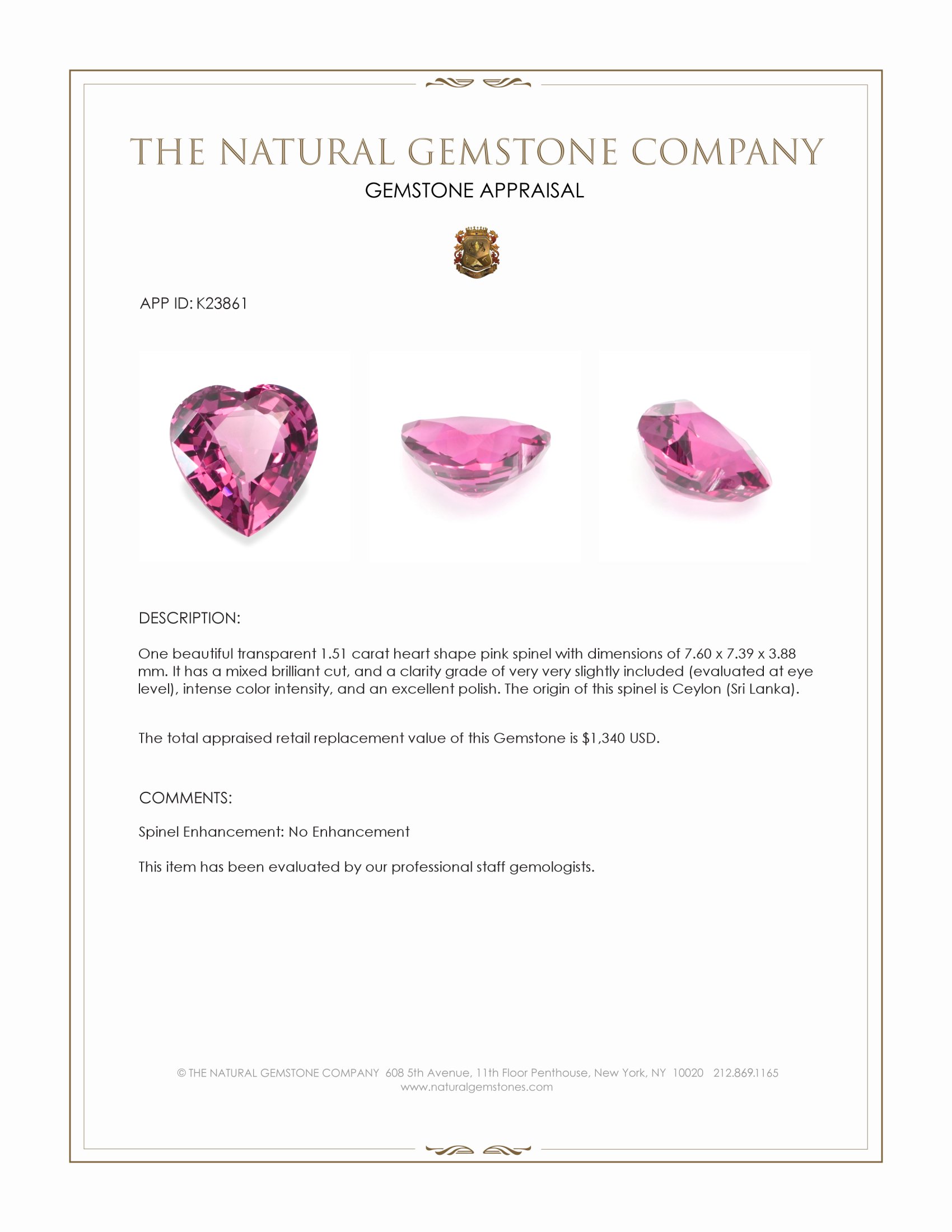 1.51 Ct. Pink Spinel from Ceylon (Sri Lanka)