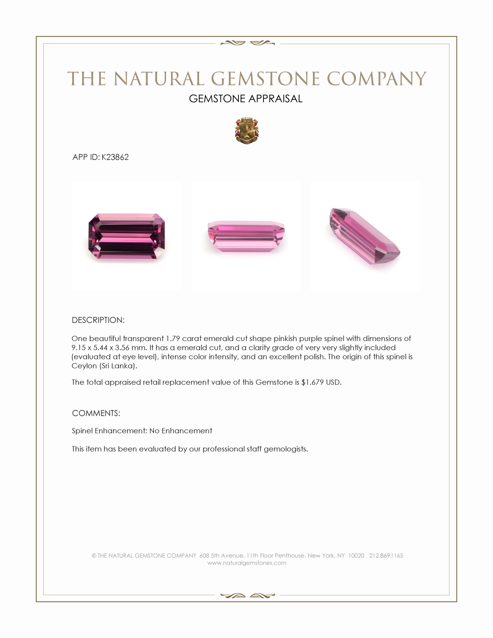 1.79 Ct. Pinkish Purple Spinel from Ceylon (Sri Lanka)