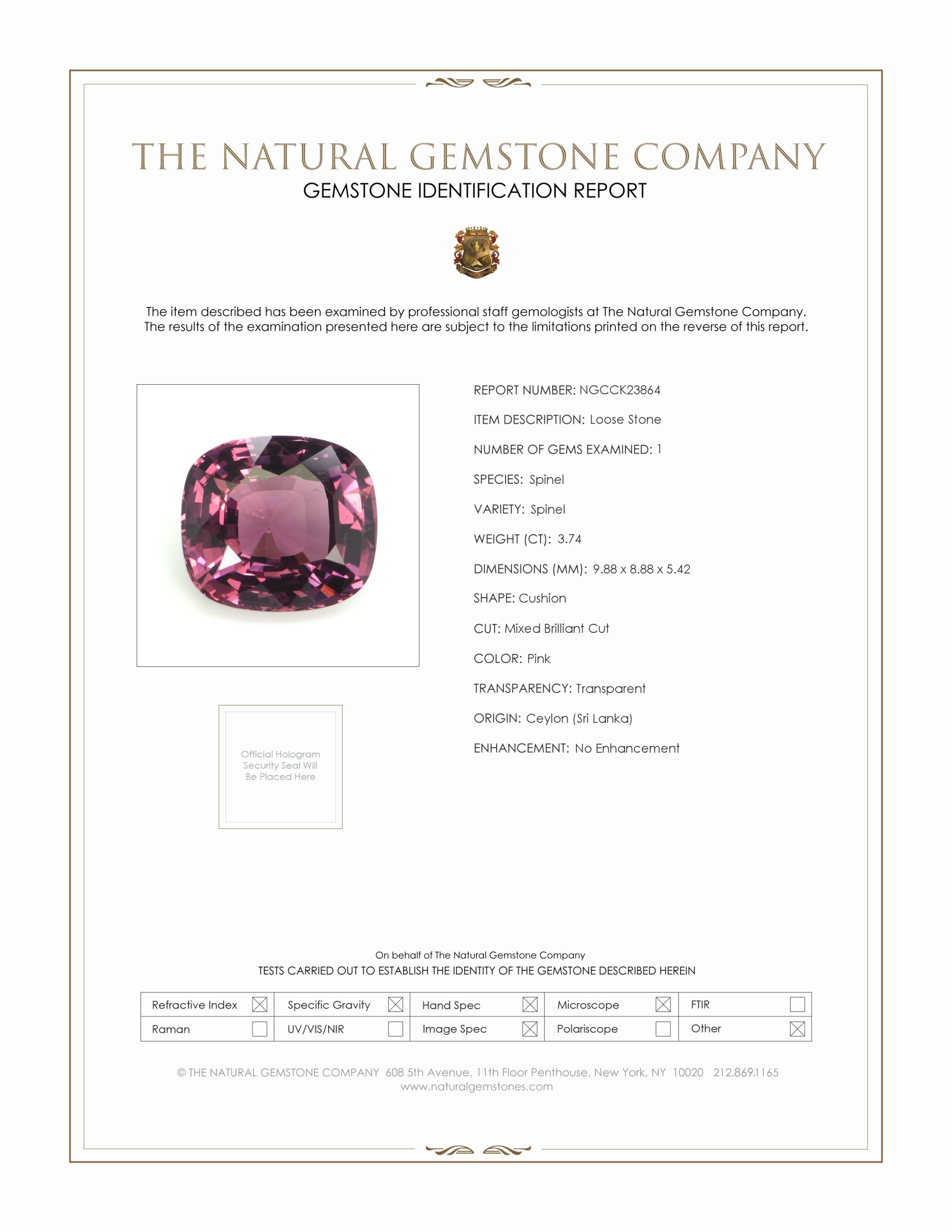 3.74 Ct. Pink Spinel from Ceylon (Sri Lanka)