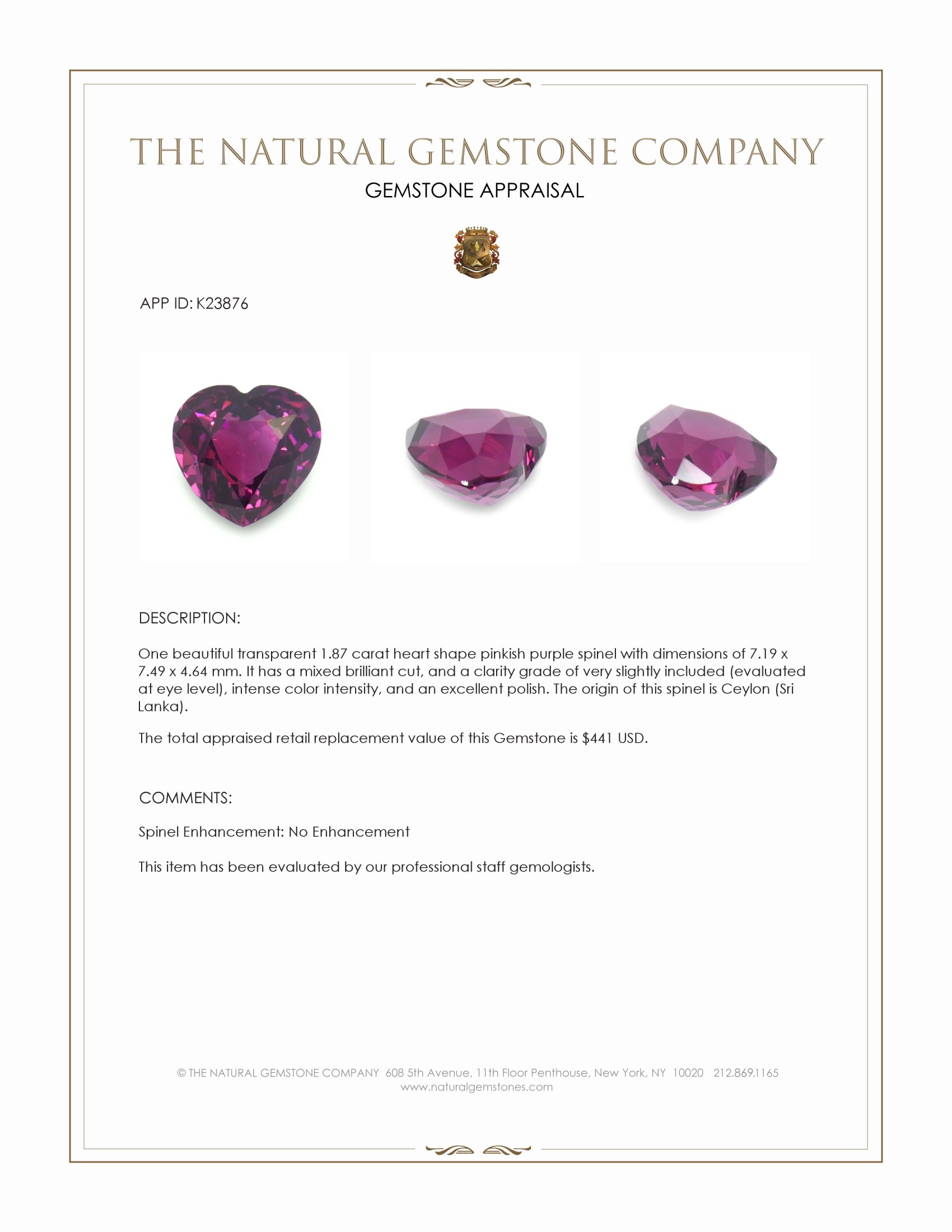 1.87 Ct. Pinkish Purple Spinel from Ceylon (Sri Lanka)