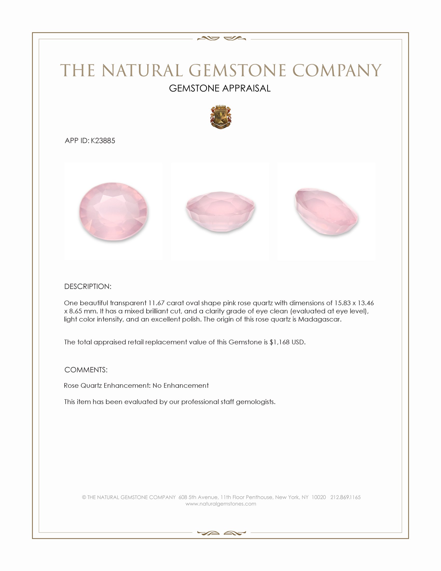 11.67 Ct. Pink Rose Quartz from Madagascar
