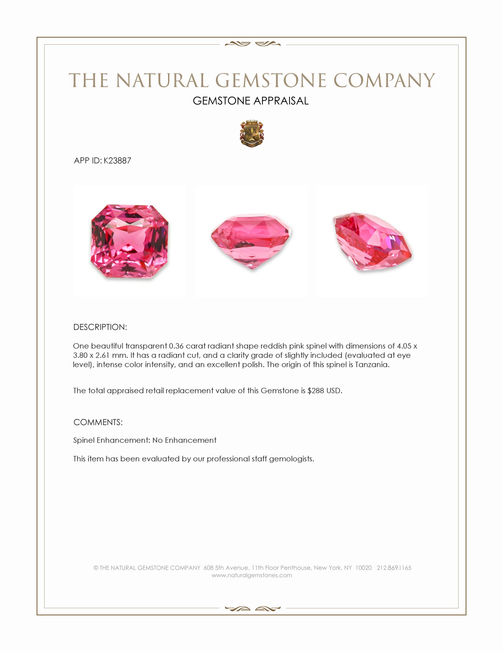 0.36 Ct. Reddish Pink Spinel from Tanzania