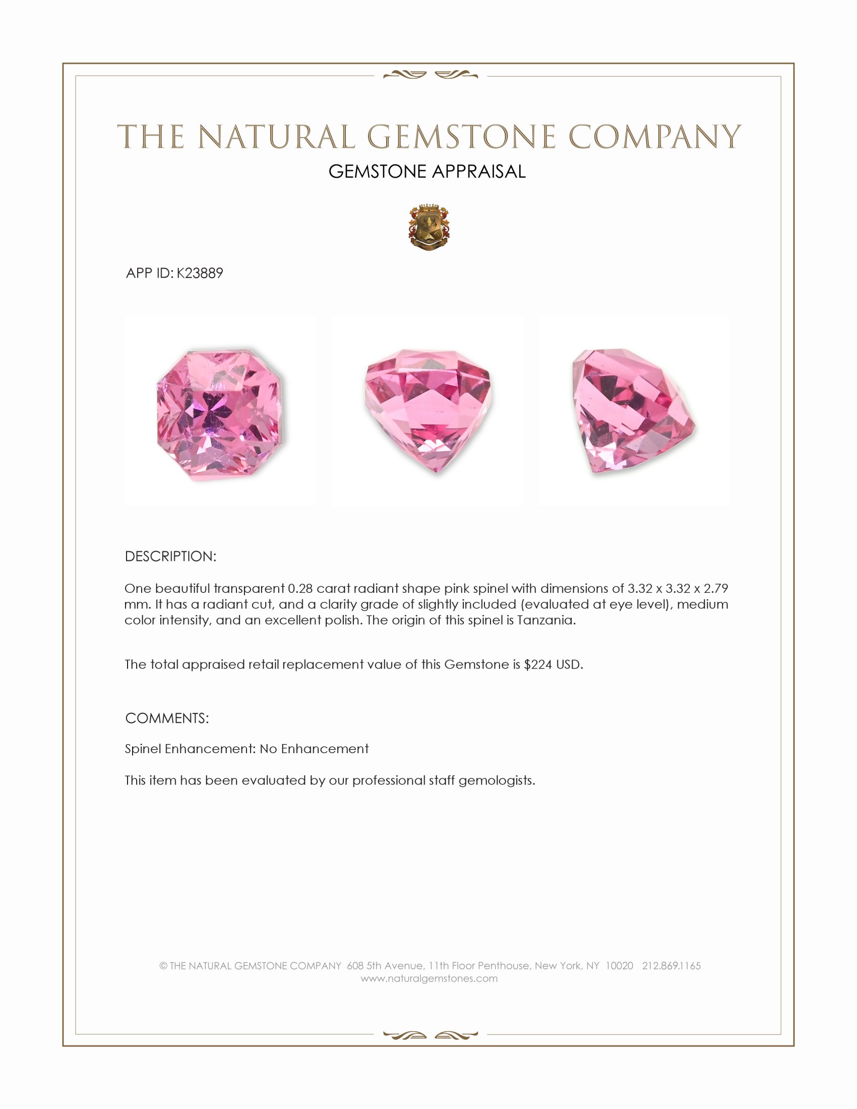 0.28 Ct. Pink Spinel from Tanzania