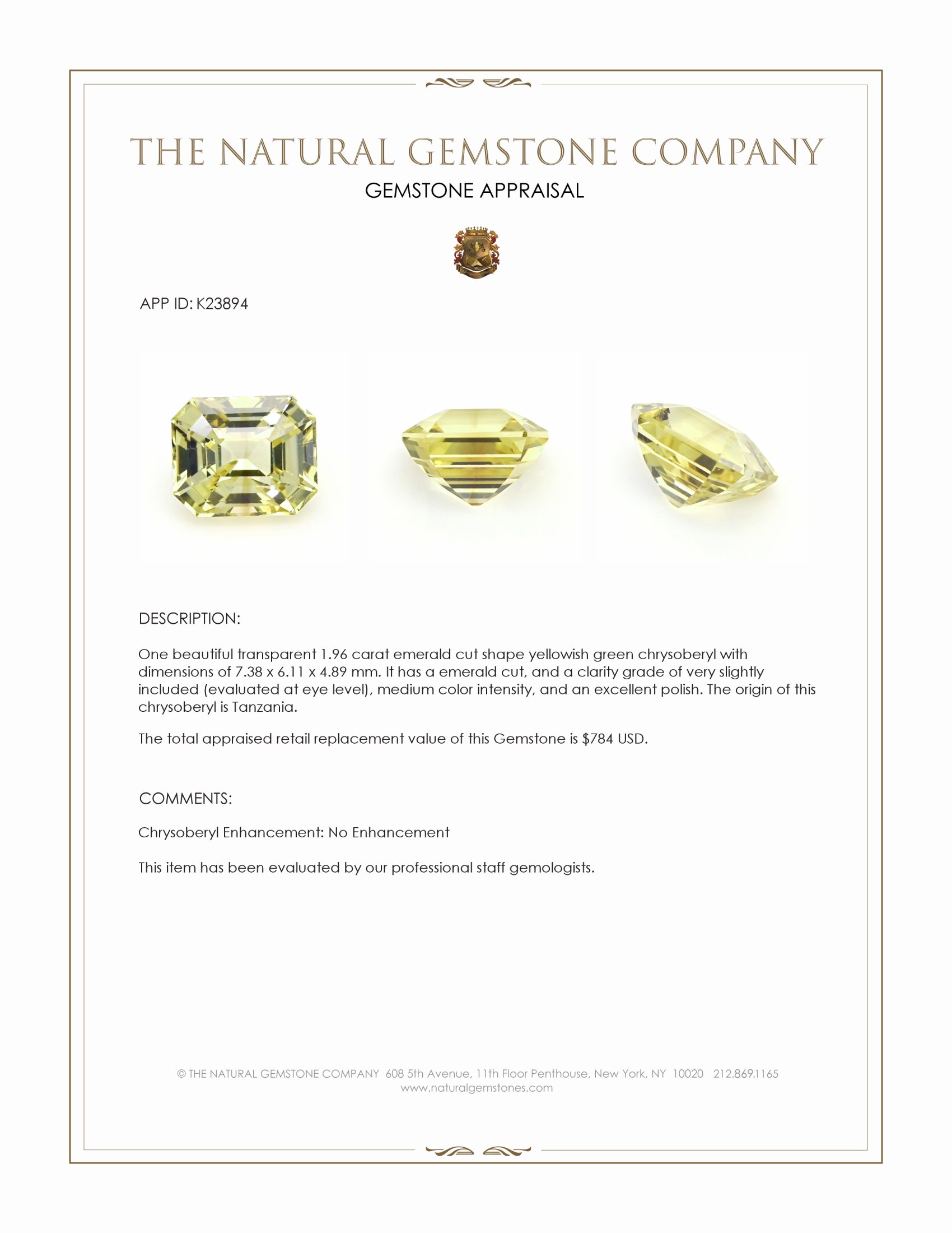 1.96 Ct. Yellow Chrysoberyl from Tanzania