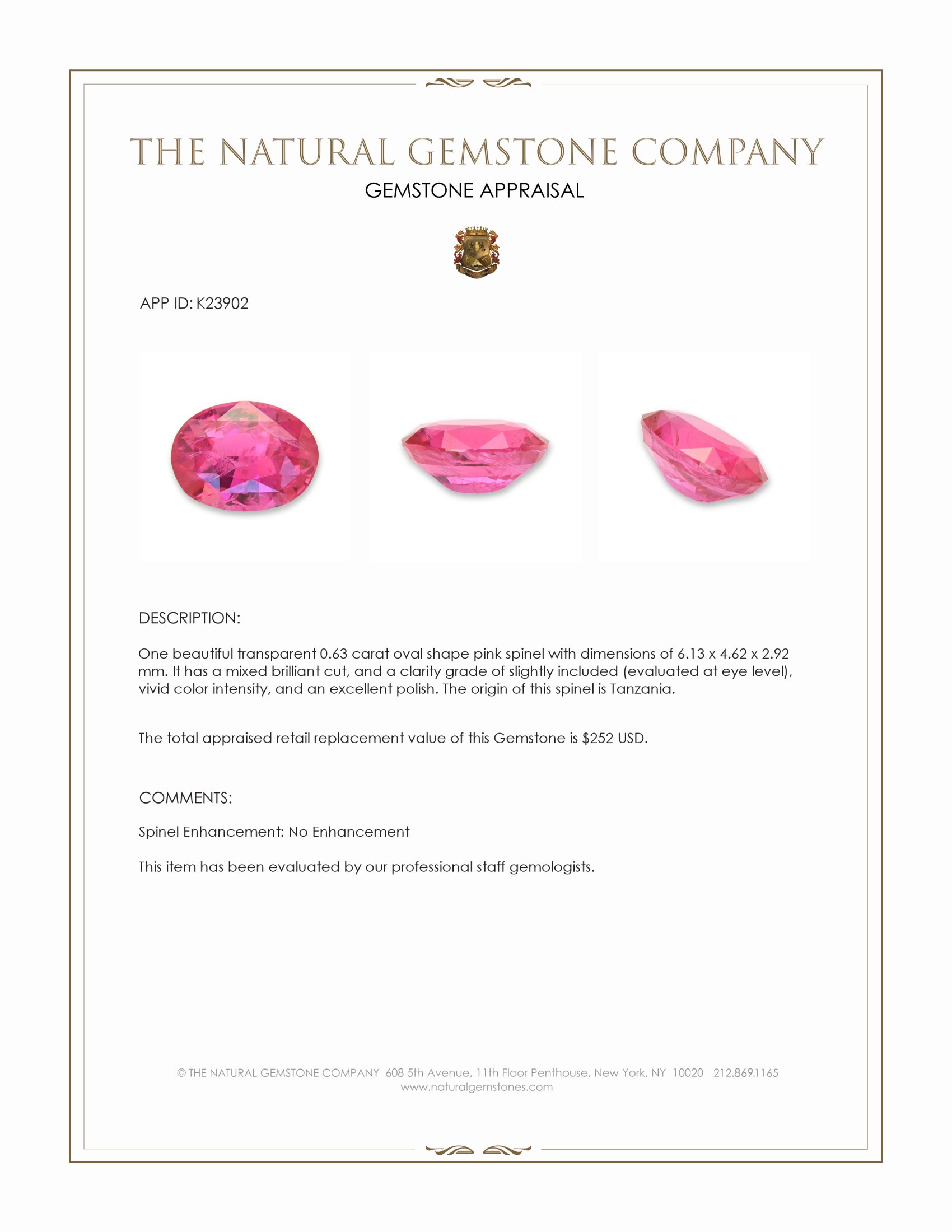 0.63 Ct. Pink Spinel from Tanzania