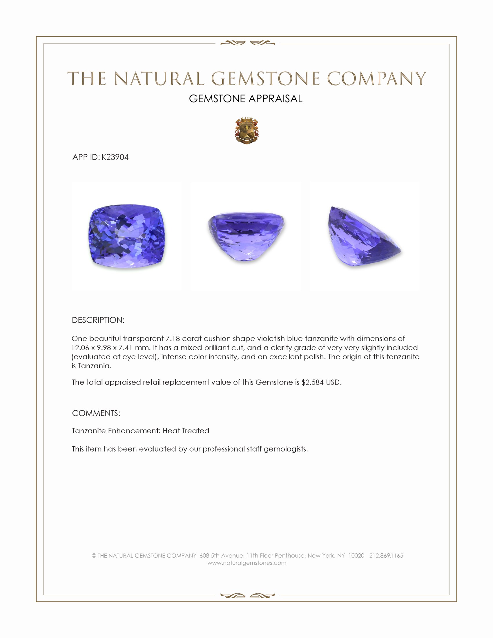 7.18 Ct. Violetish Blue Tanzanite from Tanzania