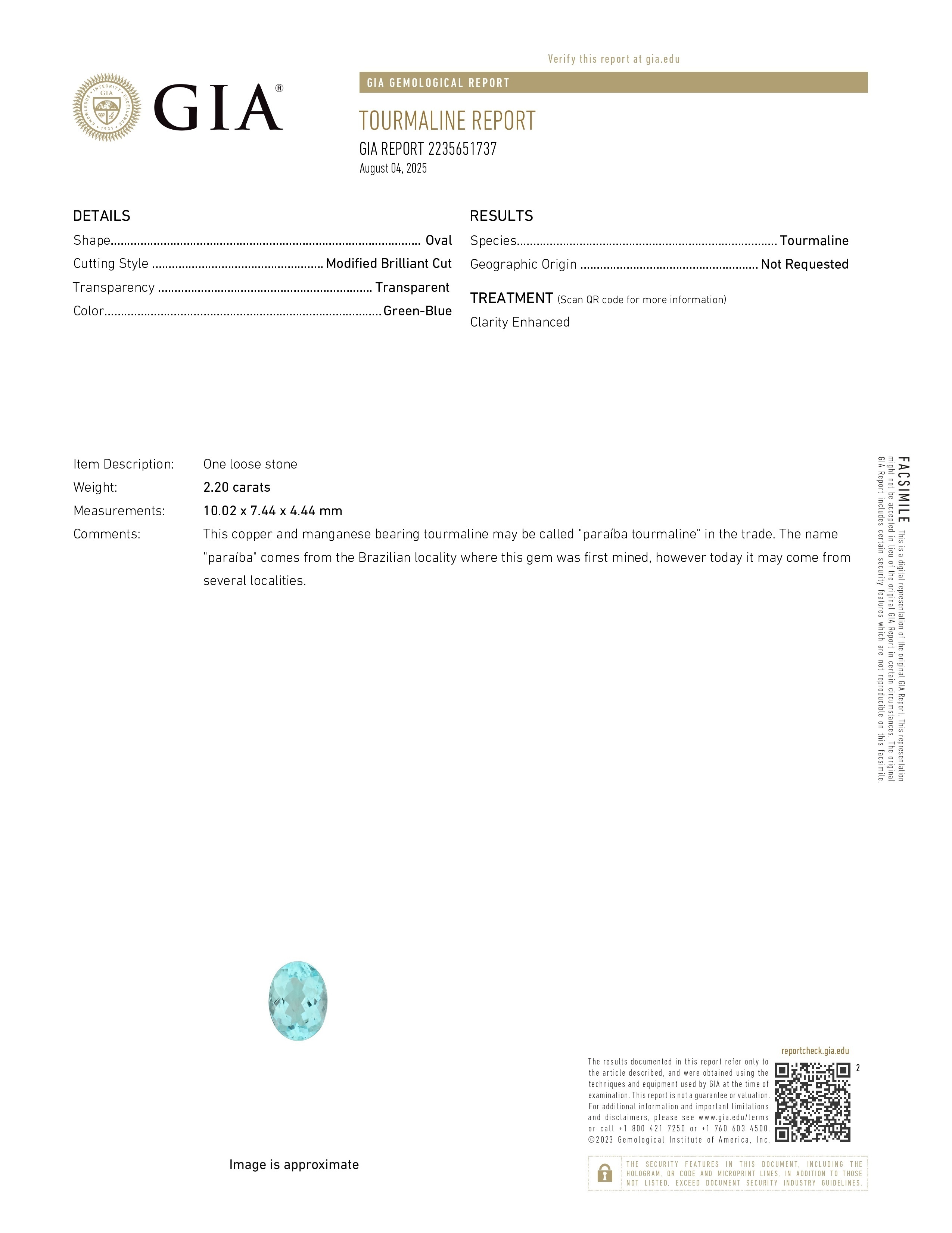 2.20 Ct. Bluish Green Paraiba Tourmaline from Mozambique