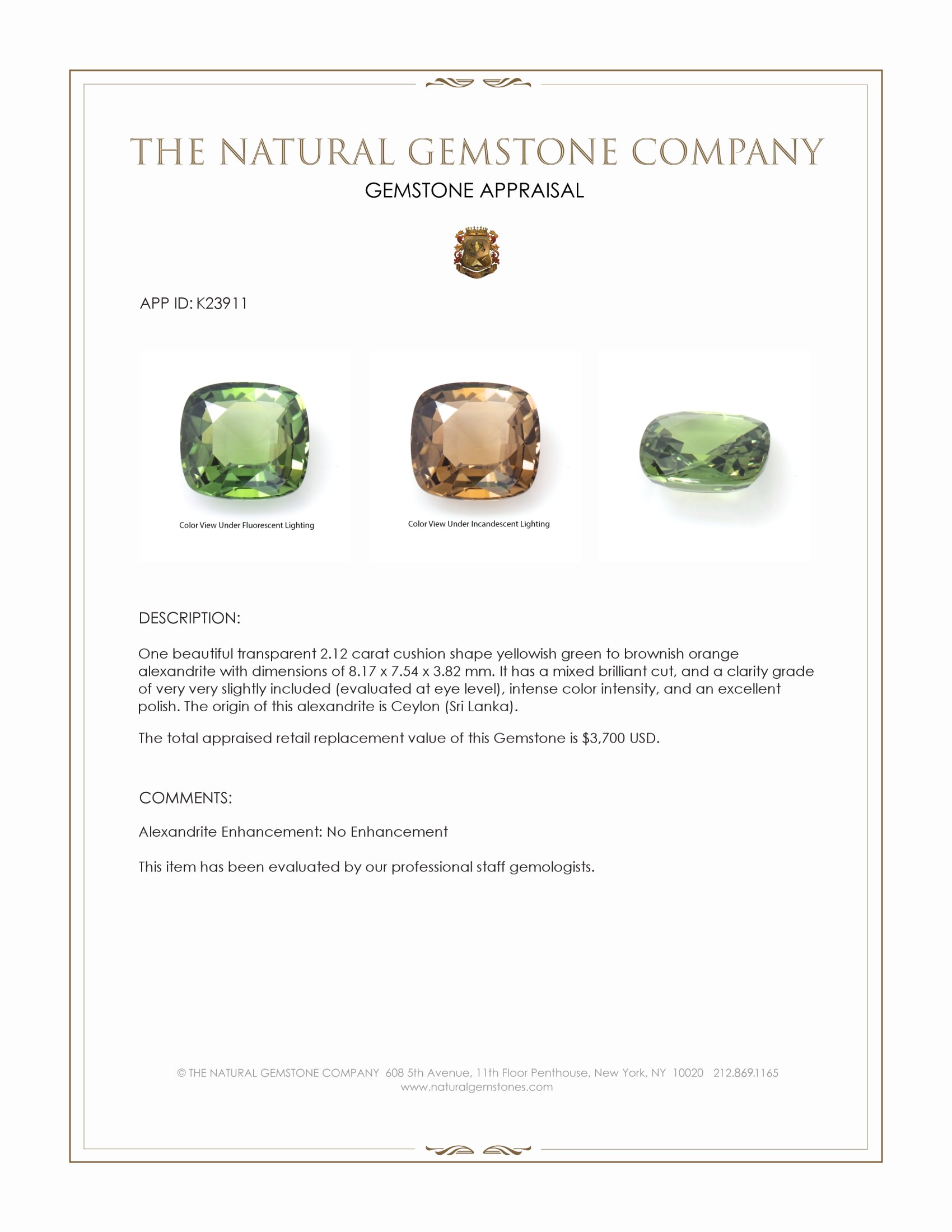 2.12 Ct. Alexandrite from Ceylon (Sri Lanka)