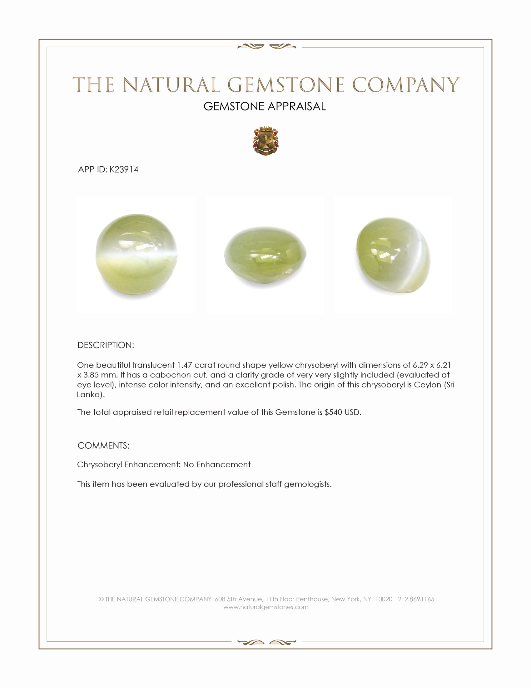 1.47 Ct. Yellow Cabochon Chrysoberyl from Ceylon (Sri Lanka)