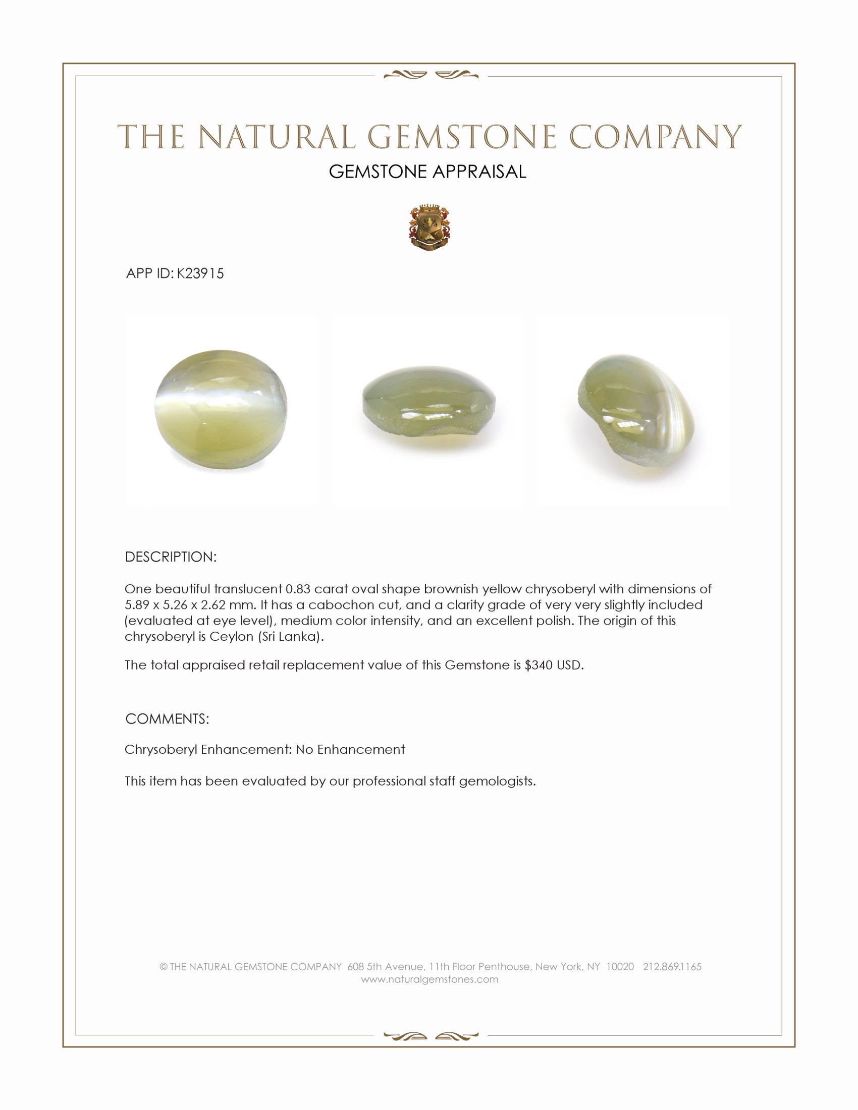 0.83 Ct. Brownish Yellow Cabochon Chrysoberyl from Ceylon (Sri Lanka)