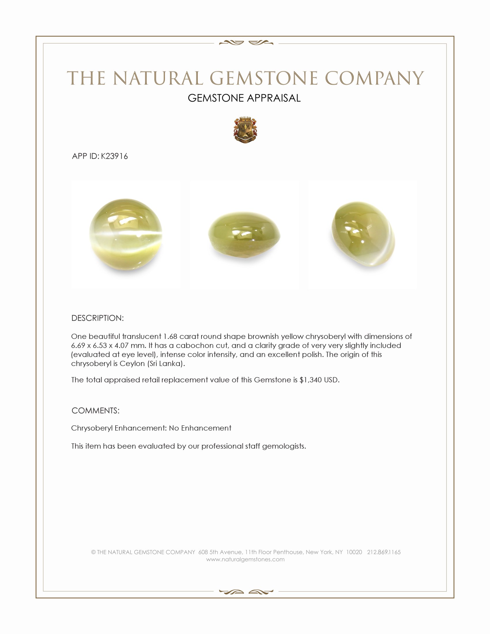 1.68 Ct. Brownish Yellow Cabochon Chrysoberyl from Ceylon (Sri Lanka)