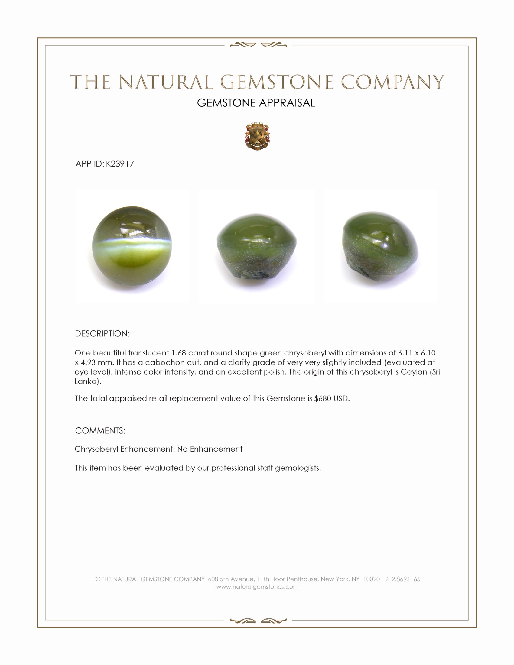 1.68 Ct. Green Cabochon Chrysoberyl from Ceylon (Sri Lanka)