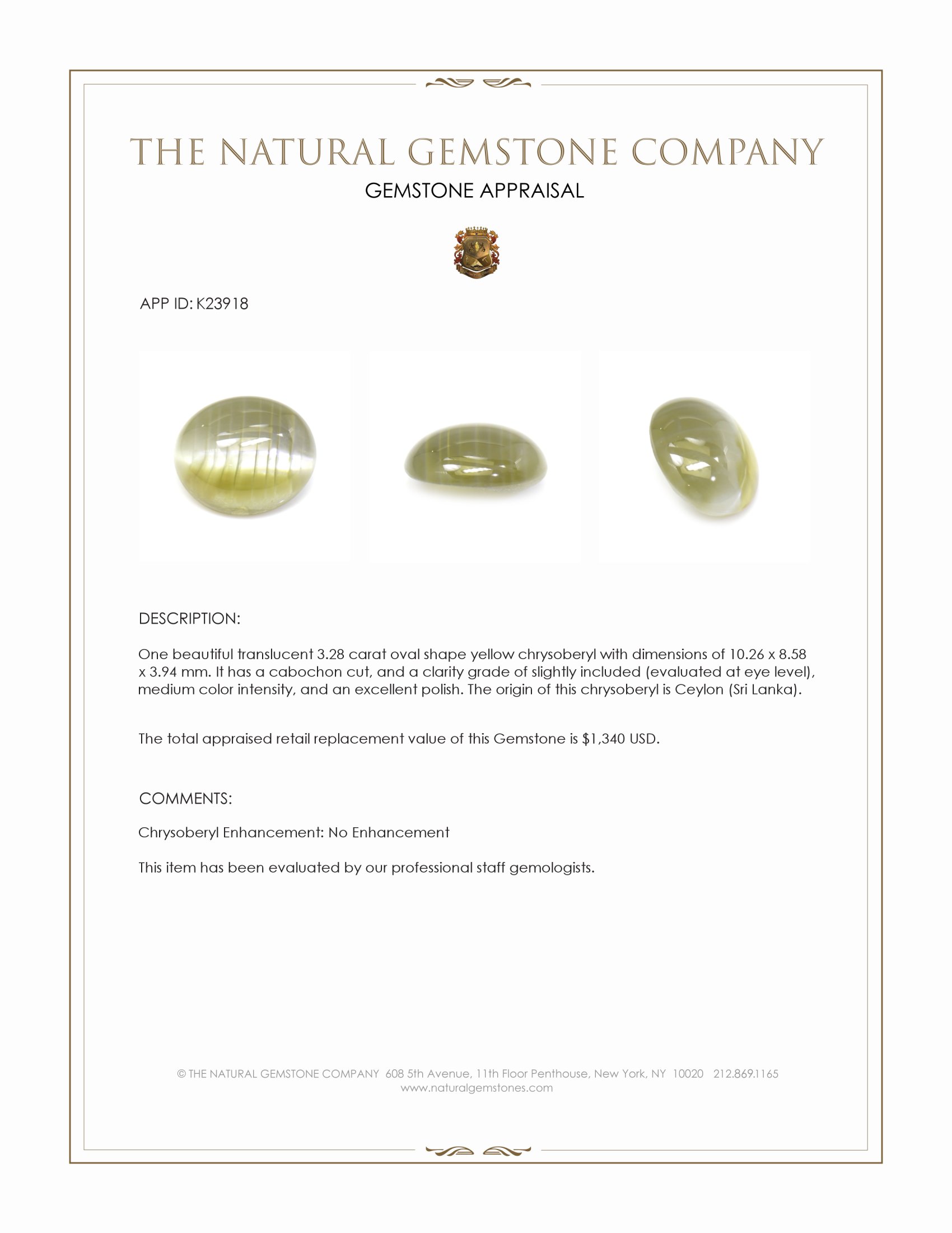 3.28 Ct. Yellow Cabochon Chrysoberyl from Ceylon (Sri Lanka)