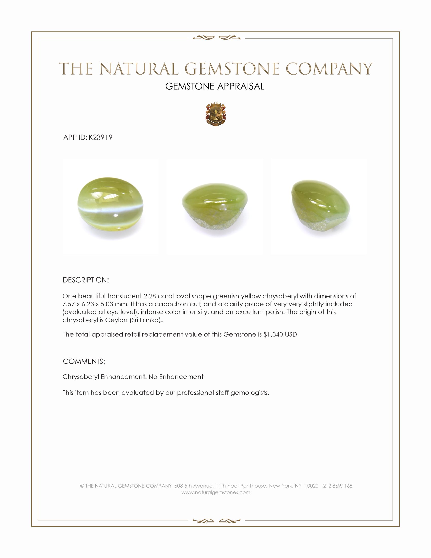 2.28 Ct. Greenish Yellow Cabochon Chrysoberyl from Ceylon (Sri Lanka)