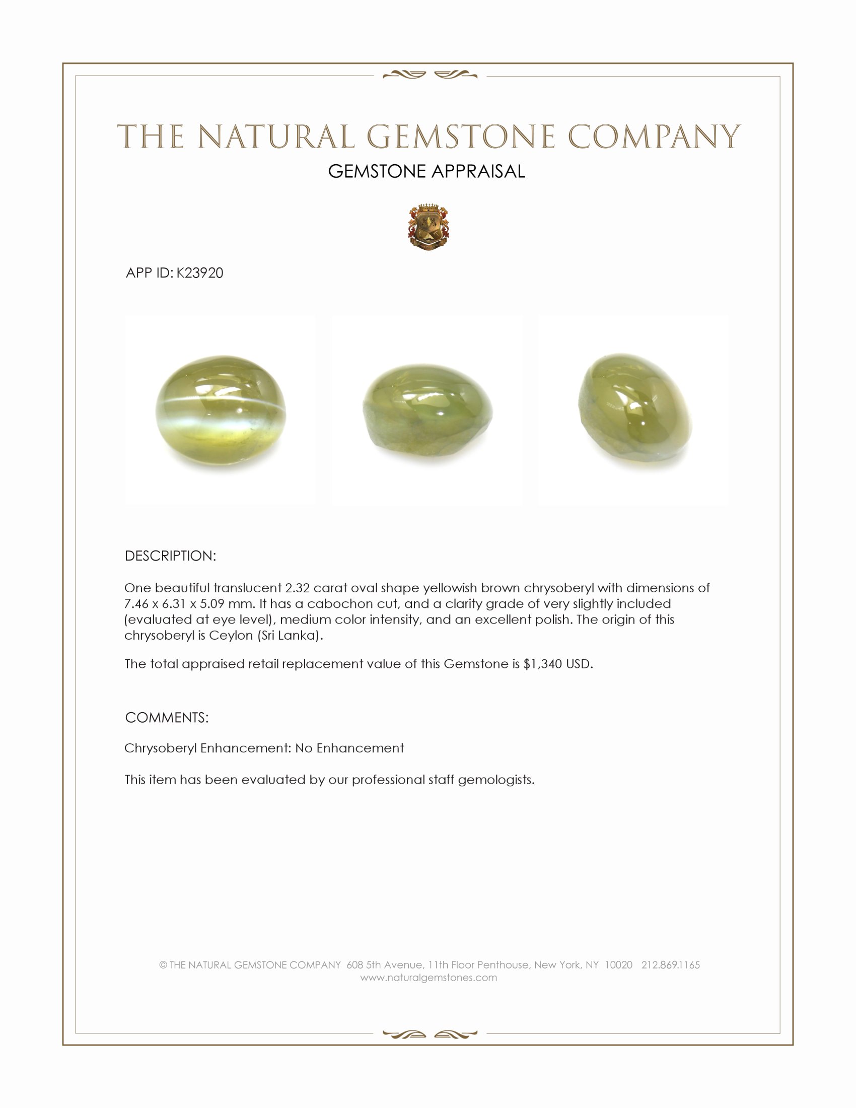 2.32 Ct. Yellowish Brown Cabochon Chrysoberyl from Ceylon (Sri Lanka)